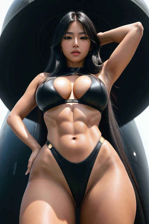 (from below view), (low angle woman), (facing the beholder), from hip level, 1girl, very sensitive woman, k-pop gyaru with sread legs, (hyper-hourglass body with slender waist), massive hips, wide hips, thick thighs, big thighs, big breasts, toned, (ripped abs), (muscle with veins), shiny femenine skin, oiled wet skin, black hair, very long hair, hair spread out, mole under eye, naughty face, heavy breathing, torogao, soft light, hard light, soft shadow, (best shadow), (highest quality), masterpiece, (high detail RAW color photo), (professional close-up photo), (realistic, photo realism:1.4), ultra high resolution, extremely detailed CG unity 8k wallpaper, surrealism, depth of field, bokeh, 8k, super detail, UHD, 4K, dramatic