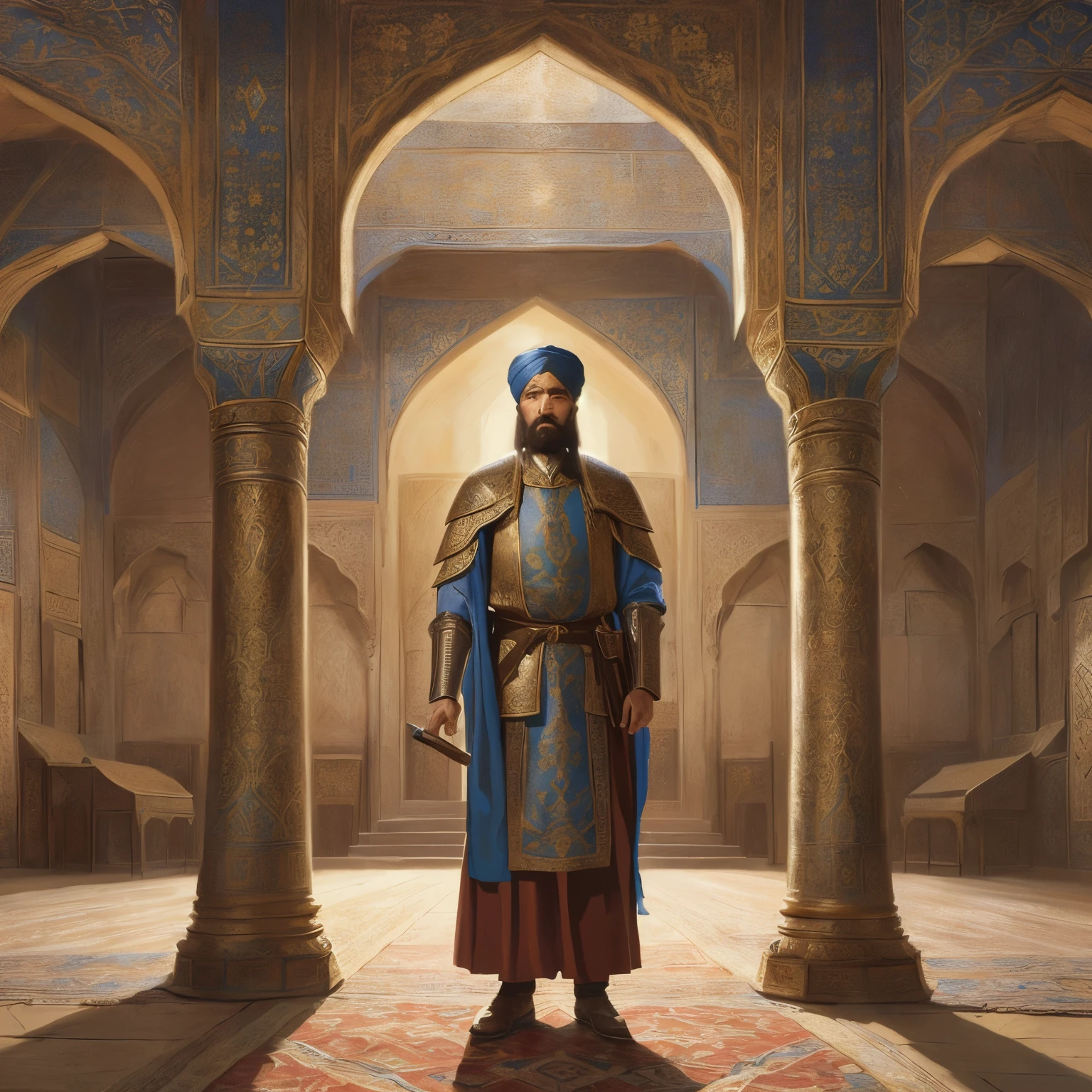 there is a painting of a man in a medieval outfit, inspired by Osman Hamdi Bey, by Kerembeyit, painting of samarkand, inspired by Kerembeyit, by Artur Tarnowski, tuomas korpi and wlop, alexey egorov, by Alexander Kucharsky, by Jason Felix,painting style, 4k , drawing , scene from medieval period , a deputy of Persian king standing on a big Persian hall , wearing turban on his head, detailed face