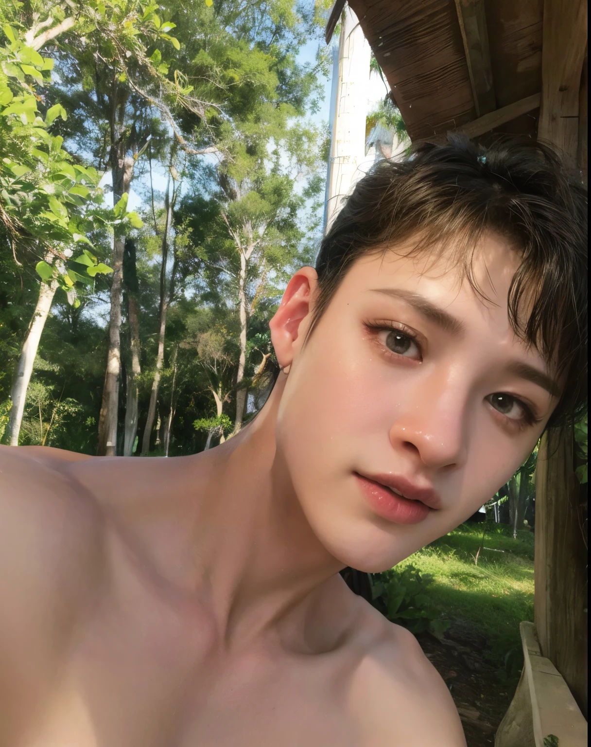 (Masterpiece, Hyperrealistic, 8k, HDR, RAW), ((Natural illumination)), night illumination, inside illumination, ((Laying on the floor)), (((Outside an Ancient Greek Temple))), ((handsome boy)), american boy, cute boy, ((Tan skin)), 18 years old, ((twink)), ((Shirtless)), ((White male lingerie)), ((Red lips)), (((Laurel wreath)), ((Short brown hair)), ((Slim body)), ((Brown hair)), sexy face, big eyes, grin, perfect anatomy