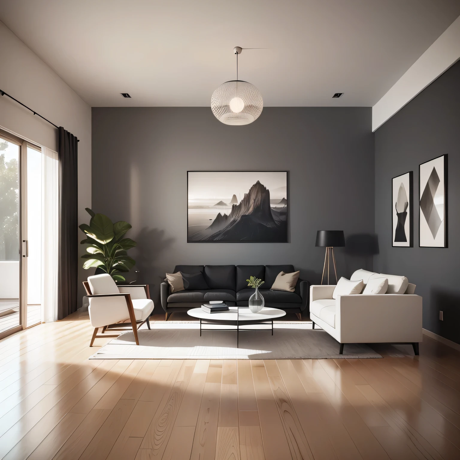 Interior Design: A captivating European minimalist living room, where minimalist Nordic charm is subtly woven into the space. The color palette is anchored by black ash elements, creating a sophisticated foundation. Brightly colored furniture pops against the clean backdrop, adding a playful touch. A multi-angle display, elegantly presented in a 3D rendering, catches the eye, showcasing the latest technology in a sleek and understated way. Cozy interior lighting, reminiscent of the latest trends, illuminates the space thoughtfully, creating a warm and inviting ambiance. The large, floor-to-ceiling windows allow ample natural light to flood the room