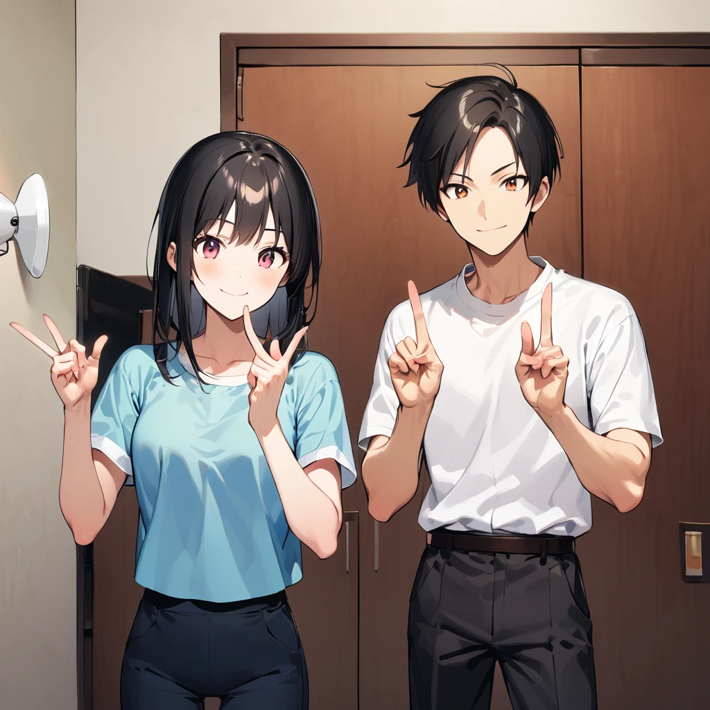 A confident smile, かわいいポーズをとっているtwo students demonstrating a gesture commonly associated with a peace sign while speaking by teleTelephone, slacks, Black Hair, indoor, in, Telephone, shirt, ((((complete fiine fingers))))