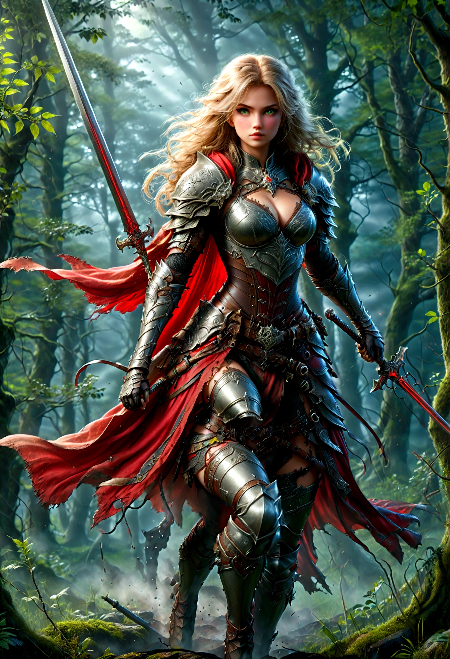 fantasy art, RPG art, Dark fantasy art, ultra wide shot, RAW, photorealistic, a picture of female human ranger, the ranger, an exquisite beautiful human woman, long blond hair, braided hair, green eyes, wearing leather armor, wearing (red cloak: 1.1), armed with a (sword: 1.3), wearing laced boots, standing in a dark forest at night, (mist rising from the grounds: 1.3), a sense of dread and fear, yet she stands defiant and fearless, there is a (wolf: 1.2) companion standing by, guarding her, protecting her, dark fantasy forest background, best quality, 16k, [ultra detailed], masterpiece, best quality, (ultra detailed), full body, ultra wide shot, photorealism, Sword and shield