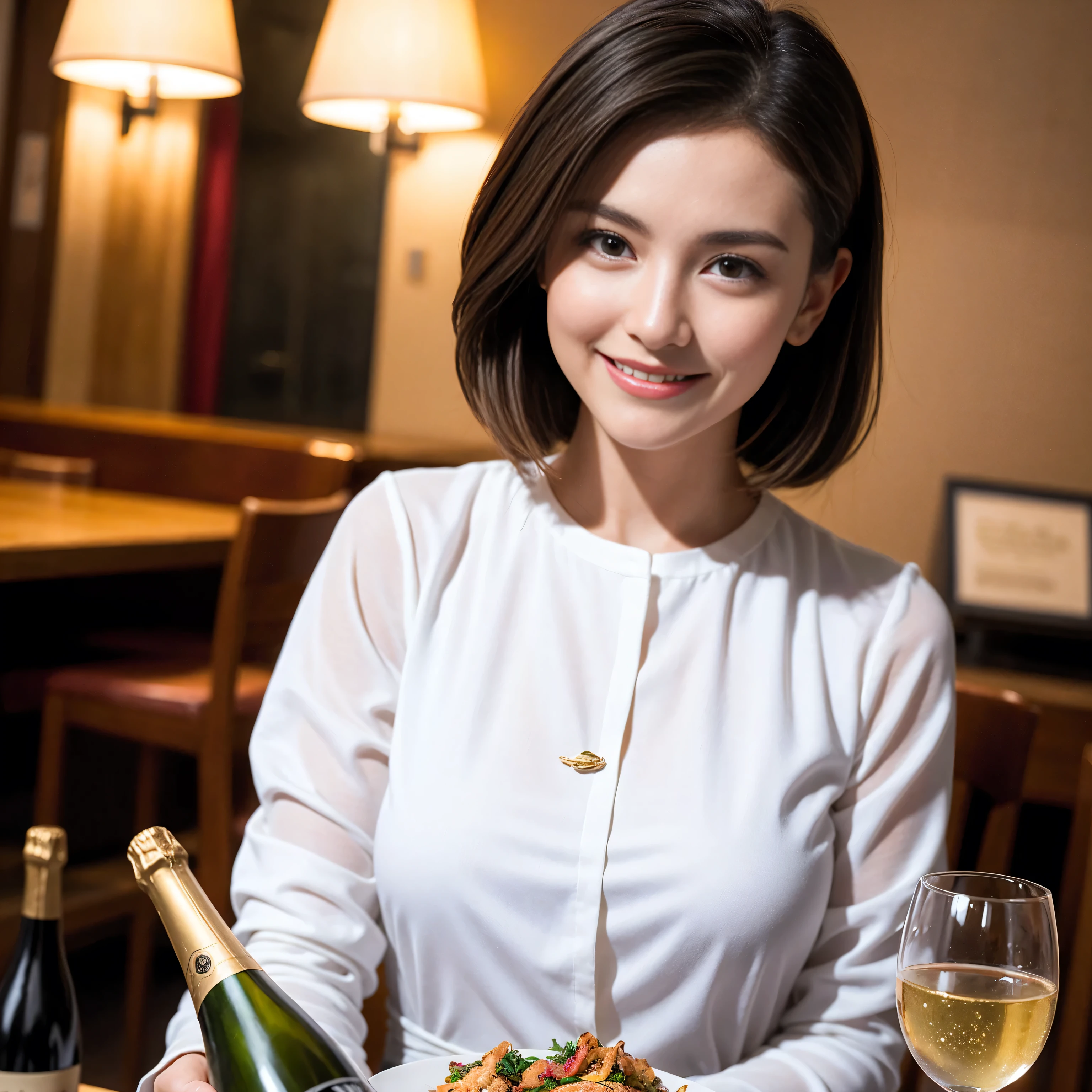 ((highest quality、8k、masterpiece:1.3))、1 male 1 female、Beauty Couple、Lovers、Couple、The body is slim、full-course dinner、((Bob Hale、Straight hair:1.2)), (Realistic, Intricate details:1.2), Wine glass on the table、Shine light on your face、 Amazing view of the sunset sky and clouds、Amazing mountain views、A bright smile、The wonderfulness of smile、Bright image、The beauty of wine, Beautiful Face, blue eyes, The light shines on your face, Blushing, short hair,Bright Face、 (Age 37), "41 years old, red wine 、Appetizers、Italian food、Wine bottle、Champagne、sparkling wine、Two beauties、Brown Hair、Shortcuts、Long sleeve shirt、dress、Pretty Woman 1, (Slim face), (The body is slim), (Brown Hair), (Shortcuts), cheeks turn a little red,Attractive beauty、restaurant, In a prominent place (From the waist up) Nova Frog Style, actress, model, Upper Body, White wine, slim, wine glass, A wine glass placed in the center, smile, (smile: 1.15), Beautiful fine grain, Depth f/2,saturation, High Contrast, Strong light and shadow,Moist Body:1.5、3D texture、Delicate eyes、Brown Hair、The hair is very shiny、