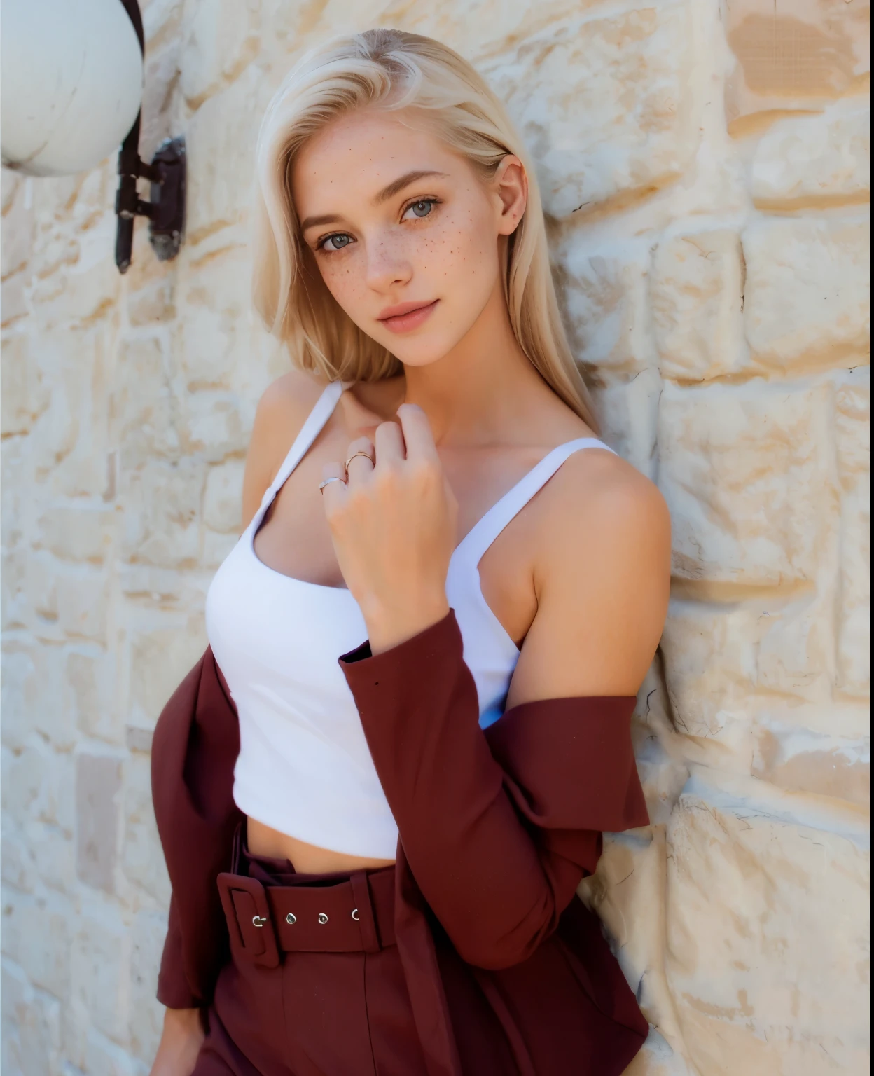 uma mulher, americana, 25 anos, pale skin and freckles, olhos cinzas, nariz delicado, soft and delicate lips, longo, cabelo blondie longo e ondulado na altura da cintura, sorriso meigo, face with delicate feminine facial features, altamente renderizado, white leather pants