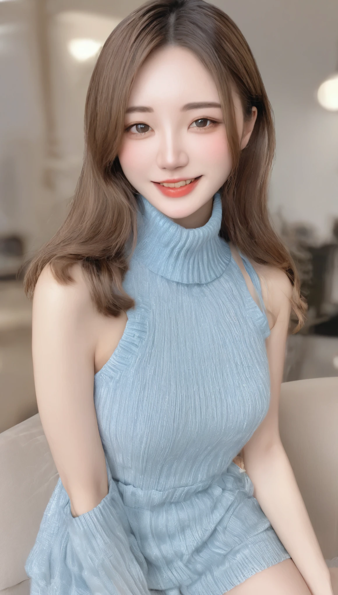 (8k、RAW Photos、highest quality、masterpiece:1.2)、(Realistic、Realistic:1.37)、Super detailed、超A high resolution、1 girl、View your viewers、Beautifully detailed face、Embarrassed laugh、narrow、(Tight waist) :1.3)、knit、Beautiful and detailed skin、Skin Texture、Floated hair、Professional Lighting、Sleeveless、look up、Big money opens its mouth