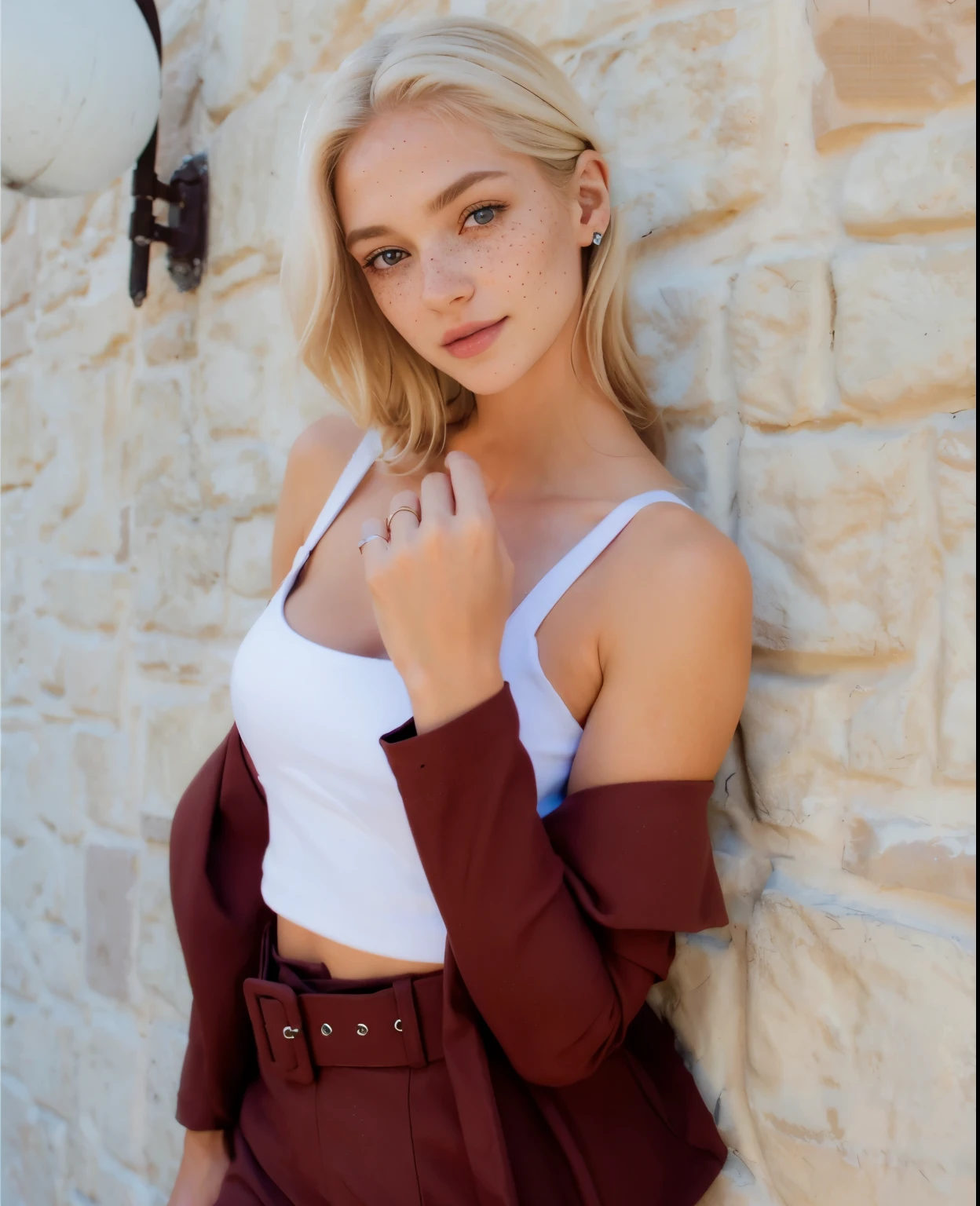 uma mulher, americana, 25 anos, pale skin and freckles, olhos cinzas, nariz delicado, soft and delicate lips, longo, cabelo blondie longo e ondulado na altura da cintura, sorriso meigo, face with delicate feminine facial features, altamente renderizado, white leather pants