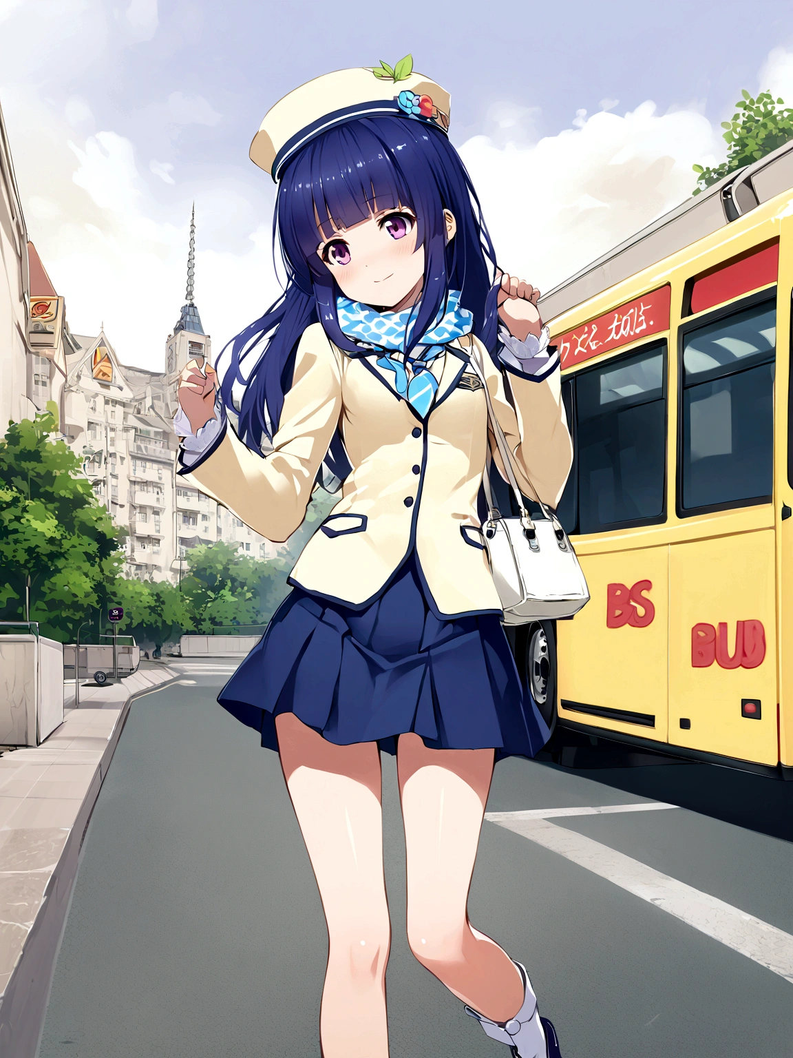 One girl, alone, Full Out Rika, cute, Blue Hair, Purple eyes, Long Hair, blunt bangs, bangs, Stewardess Hat, Scarf V-Neck Back Tie, front tie, White handbag, Bus, Bus Guide, Navy Blue Skirt, Suit skirt, Mid-length skirt, tight skirt, Light blue patterned scarf, navy blue hat