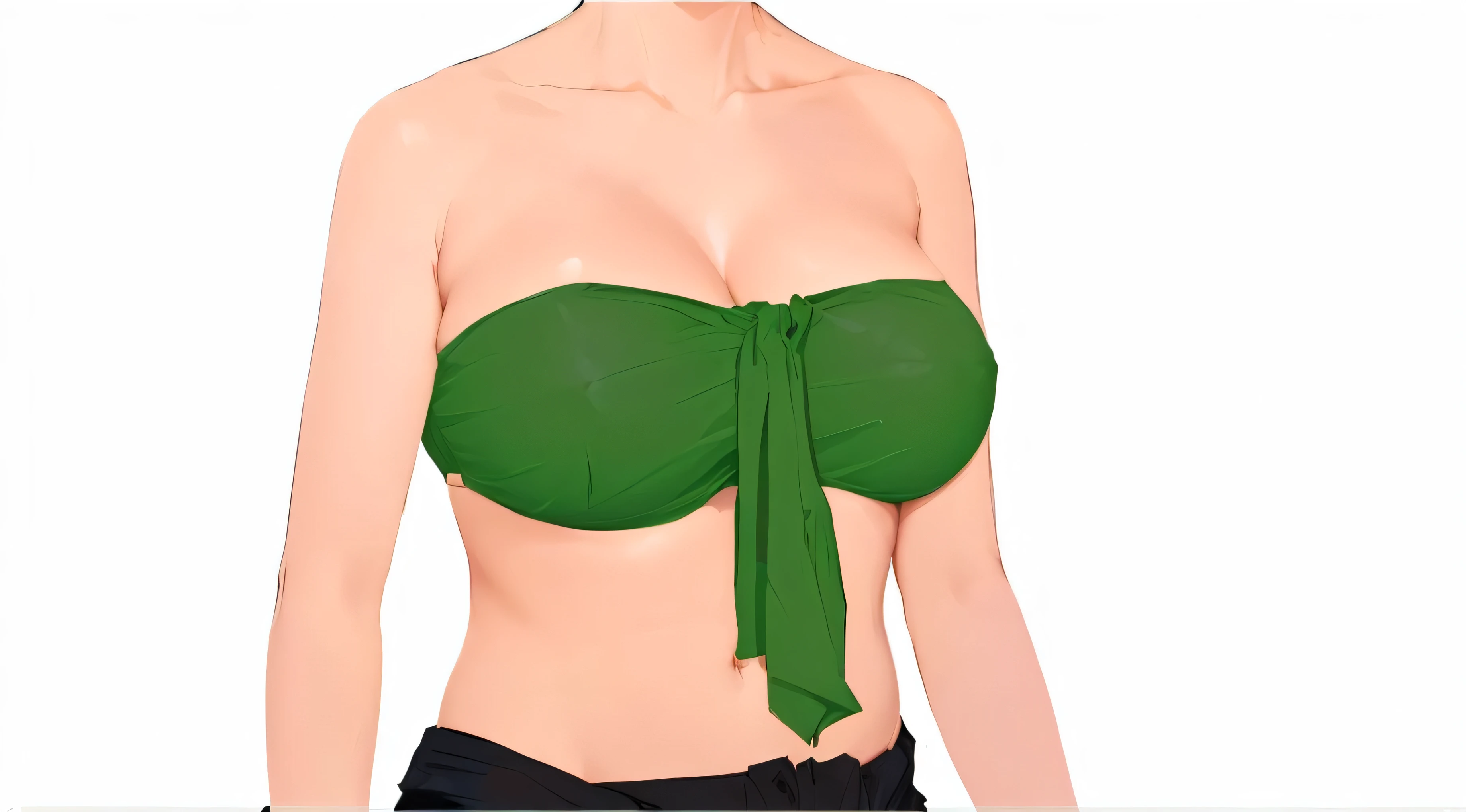 illustration of a woman in a green bikini top with a green tie, large breasts size, open v chest clothes, realistic bikini, attire: bikini, wikihow illustration, wikihow, big leaf bra, wearing bra, upper body avatar, green halter top, green bikini, upper torso included, flat chest, large breasts, realistic shaded perfect body, green swimsuit
