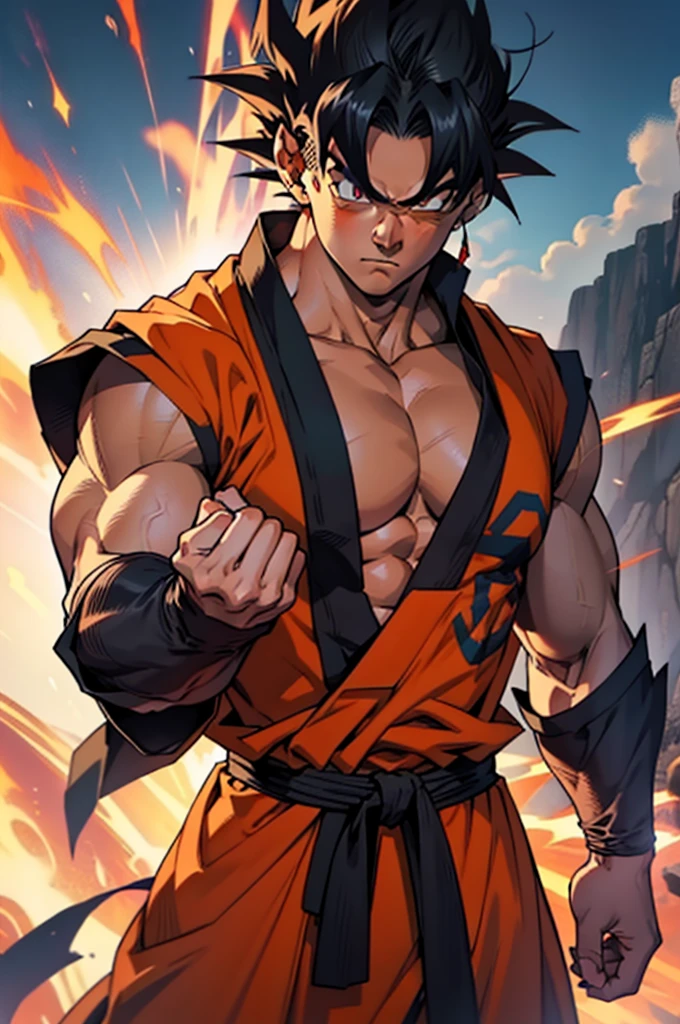 Son Goku, the legendary fighter, stands with his head held high, his long white hair flowing in the wind. His muscular chest is exposed, revealing a deep burn mark in the center. He wears a heavy bronze bracelet and his dark pants are stained with blood. Despite his injuries, his eyes burn with determination.