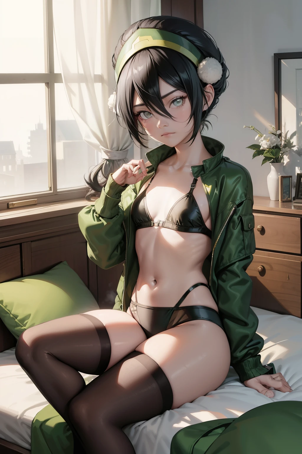 Toph beifong  ,1girl , anime , masterpiece  , Black hair,green jaqueta aberta open clothes ,toph beifong , disappointed face , solo , gren jacket, open clothes, bra , flat chest ,shorts  ,long socks , looking at viewer , bedroom .