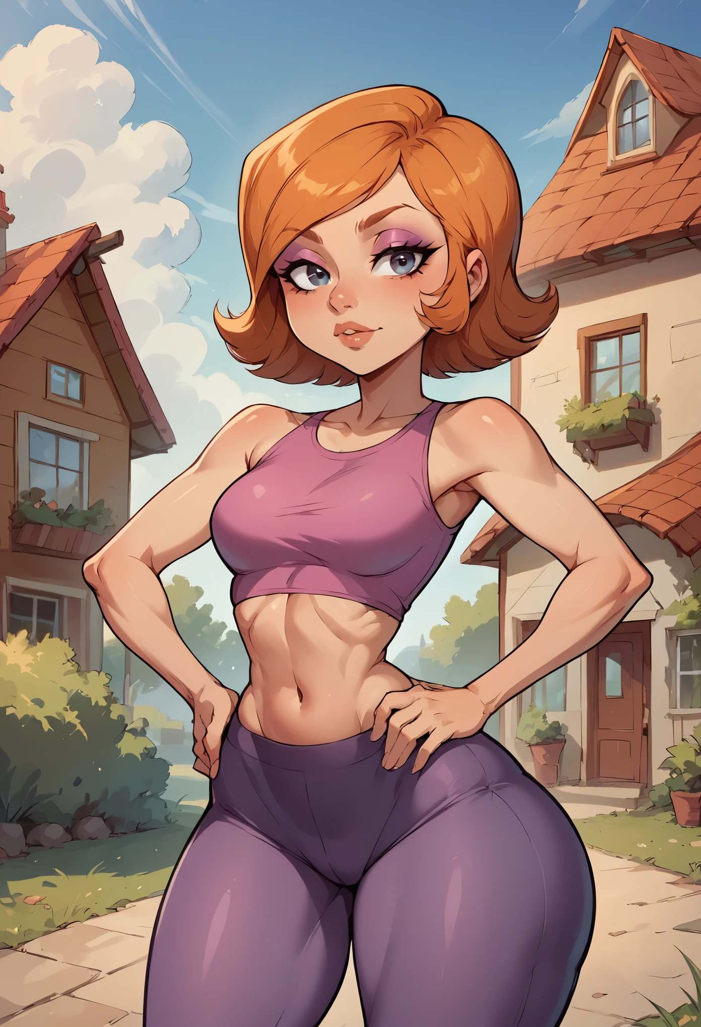 score_9, score_8_up, score_7_up, BREAK, 1girl, solo, debsturnbull, crop top, pants, bare shoulders, makeup, midriff, yoga pants,wide hips, looking at viewer, house, outdoors, hands on own hips,