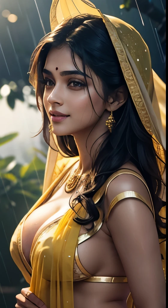 23 year old beautiful Indian girl, young, translucent skin, beautiful, erotic, holding a loose yellow saree over her body, completely drenched in rain, wet, above average breasts, cleavage, smiling, make up on face, beautiful body, beautiful eyes nose lips mouth face, upper body, boob cleavage, butt cleavage, dynamic pose, closeup, realistic, super sexy, dynamic camera angle, hyper realistic, highly detailed, shot on canon uhd