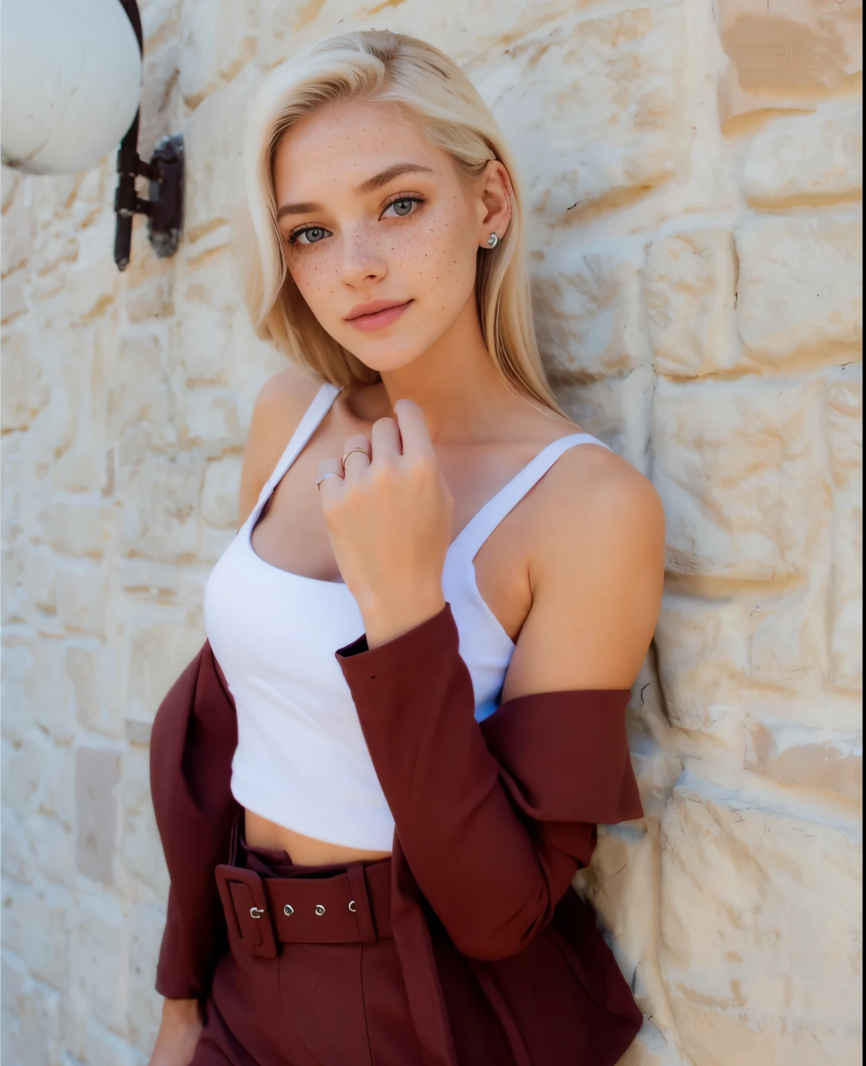 uma mulher, americana, 25 anos, pale skin and freckles, olhos cinzas, nariz delicado, soft and delicate lips, longo, cabelo blondie longo e ondulado na altura da cintura, sorriso meigo, face with delicate feminine facial features, altamente renderizado, white leather pants