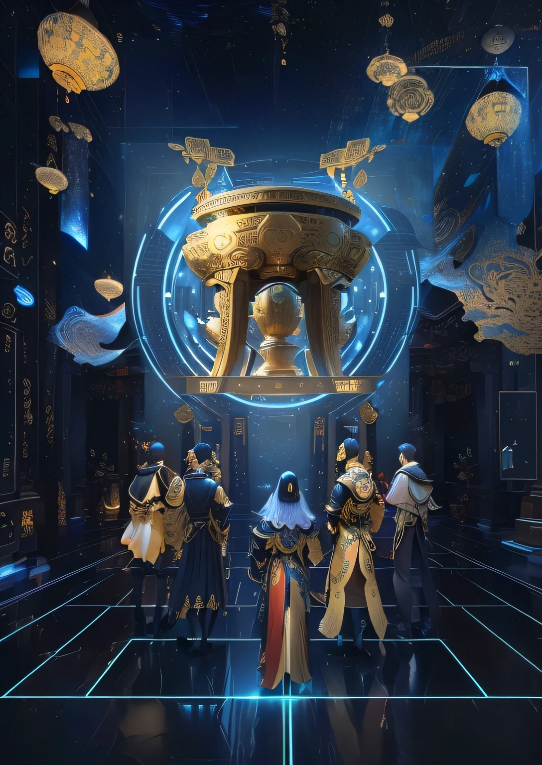 5 people surrounding a golden tripod, Three men and two women, we go deep into the virtual universe, The encrypted metaverse, Computers and holograms, Hologram of the Chinese cultural relic Golden Tripod, Museum Background, virtual metaverse room,Chinese antique elements on both sides are collection cabinets, super detailed SCP cultural relic jars, holographic products, 5 Archaeological Figures, 8k high definition jpeg artifact