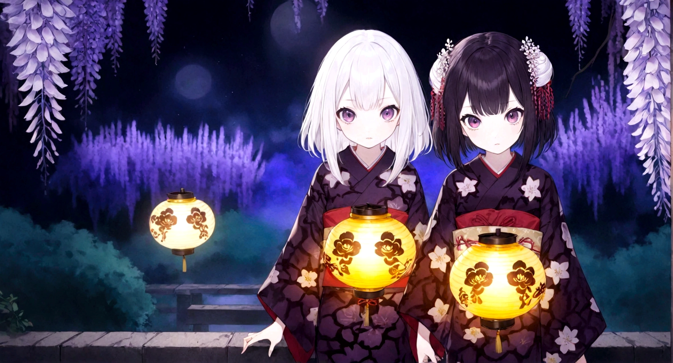 ((Masterpiece, top quality, high resolution)), ((highly detailed CG unified 8K wallpaper)), 2 girls, kimetu no yaiba, ubuyasiki, Spooky twins, girl with black hair and girl with white hair, dressed in Japanese kimono, Japanese lanterns, garden at night, wisteria flowers in background, staring with very wide eyes, faint smile, dark atmosphere, horror,