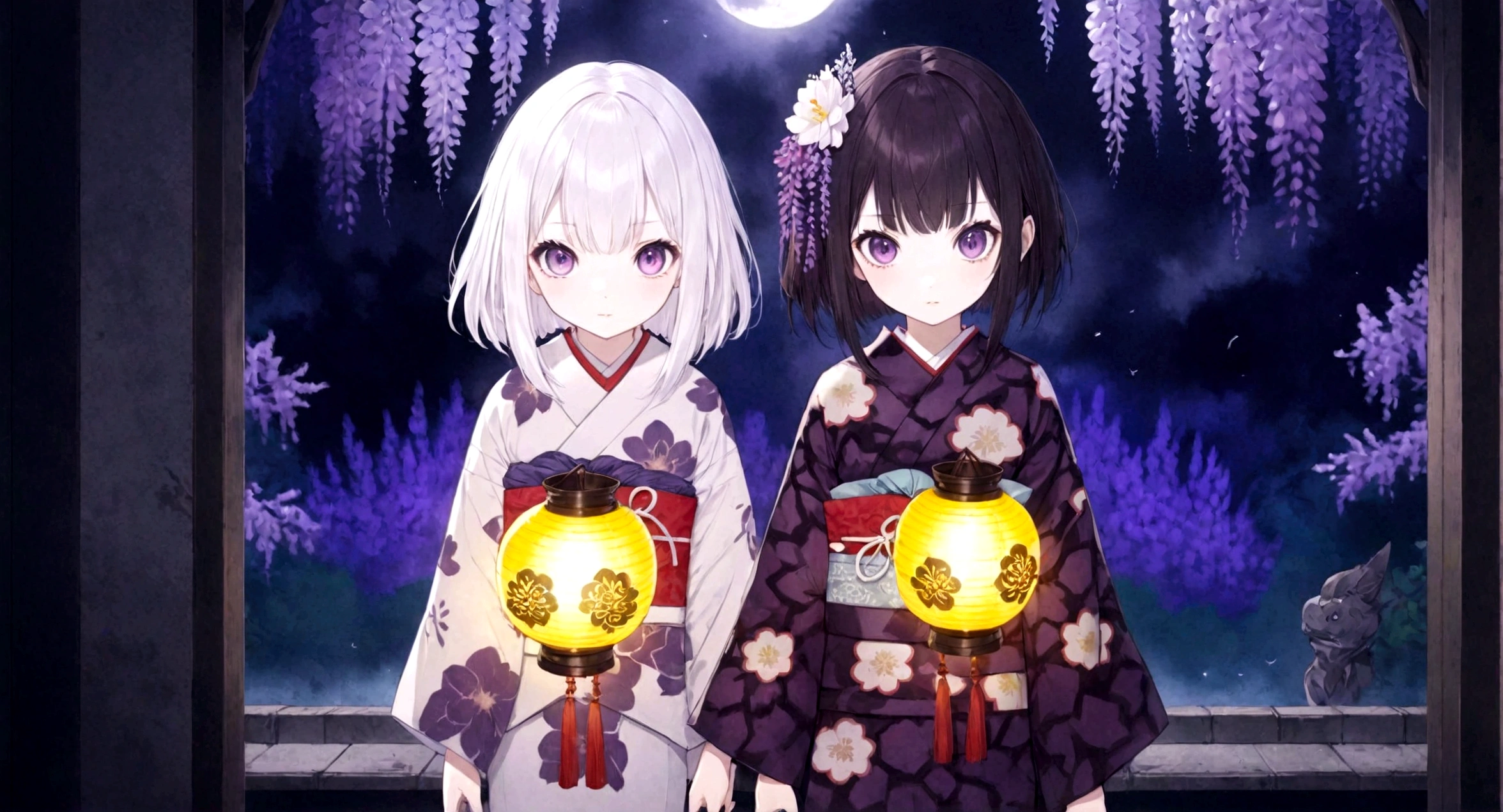 ((Masterpiece, top quality, high resolution)), ((highly detailed CG unified 8K wallpaper)), 2 girls, kimetu no yaiba, ubuyasiki, Spooky twins, girl with black hair and girl with white hair, dressed in Japanese kimono, Japanese lanterns, garden at night, wisteria flowers in background, staring with very wide eyes, faint smile, dark atmosphere, horror,