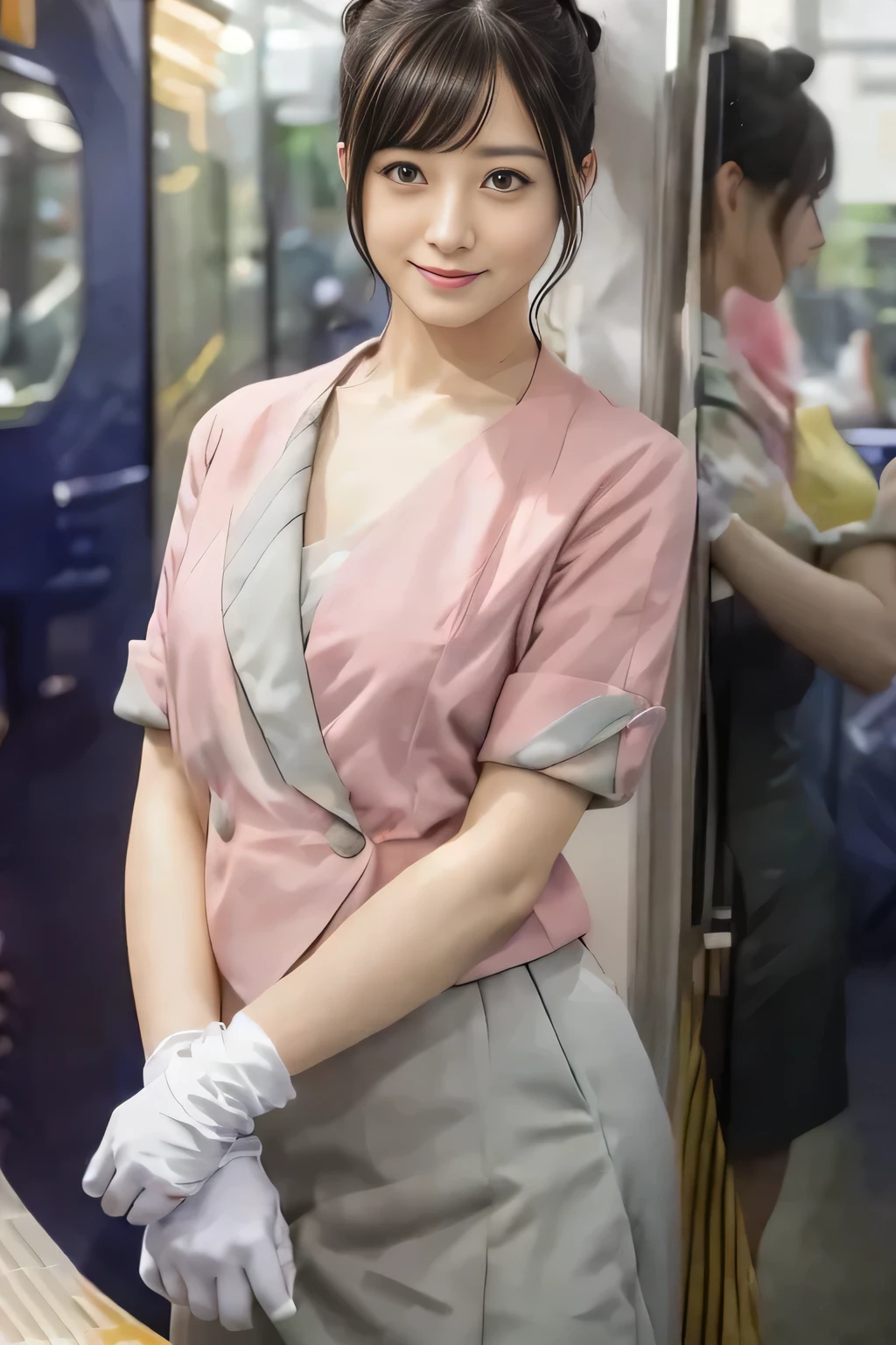 (masterpiece:1.2, highest quality:1.2), 32K HDR, High resolution, (alone、1 girl)、(On the rooftop of a building in the daytime、Professional Lighting)、Building rooftop background、(Nankai train crew uniform pinkを着たリアルスタイル)、(Nankai train crew uniform pink short sleeve pink jacket、Nankai Train Crew Uniform Pink Collarless Short Sleeve Blouse、Nankai Train crew uniform pinkのグレー色のキュロットスカート)、Dark brown hair、(Hair tied up、Hair Bun、Hair Bun)、Dark brown hair、Long Shot、Big Breasts、Thin legs、((Great hands:2.0)),((Harmonious body proportions:1.5)),((Normal limbs:2.0)),((Normal finger:2.0)),((Delicate eyes:2.0)),((Normal eyes:2.0)))、smile、(Nankai Train crew uniform pinkのグレー色のキュロットスカートを見せた美しい歩く姿)、Keep your hands natural