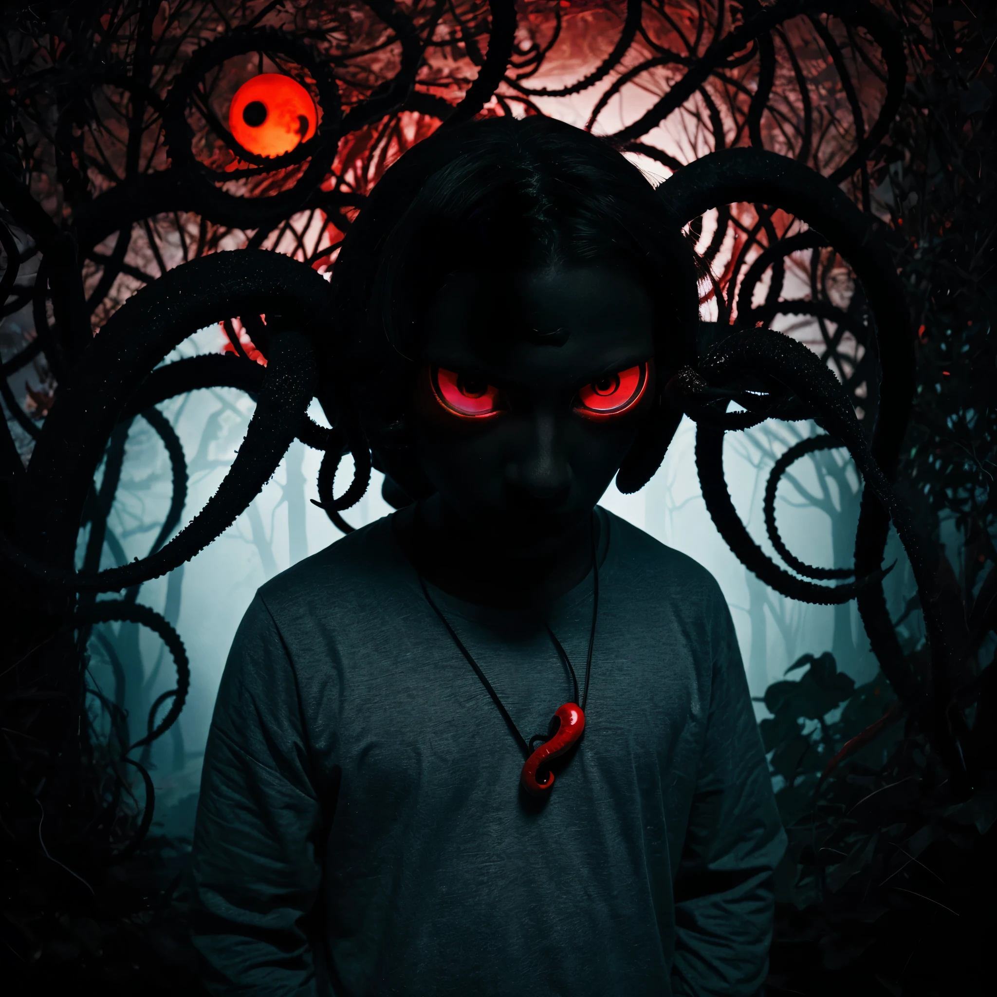 This is a guy who can't even see his face, just a black shadow, with a pair of giant red eyes, surrounded by something that looks like tentacles. Mysterious and great.