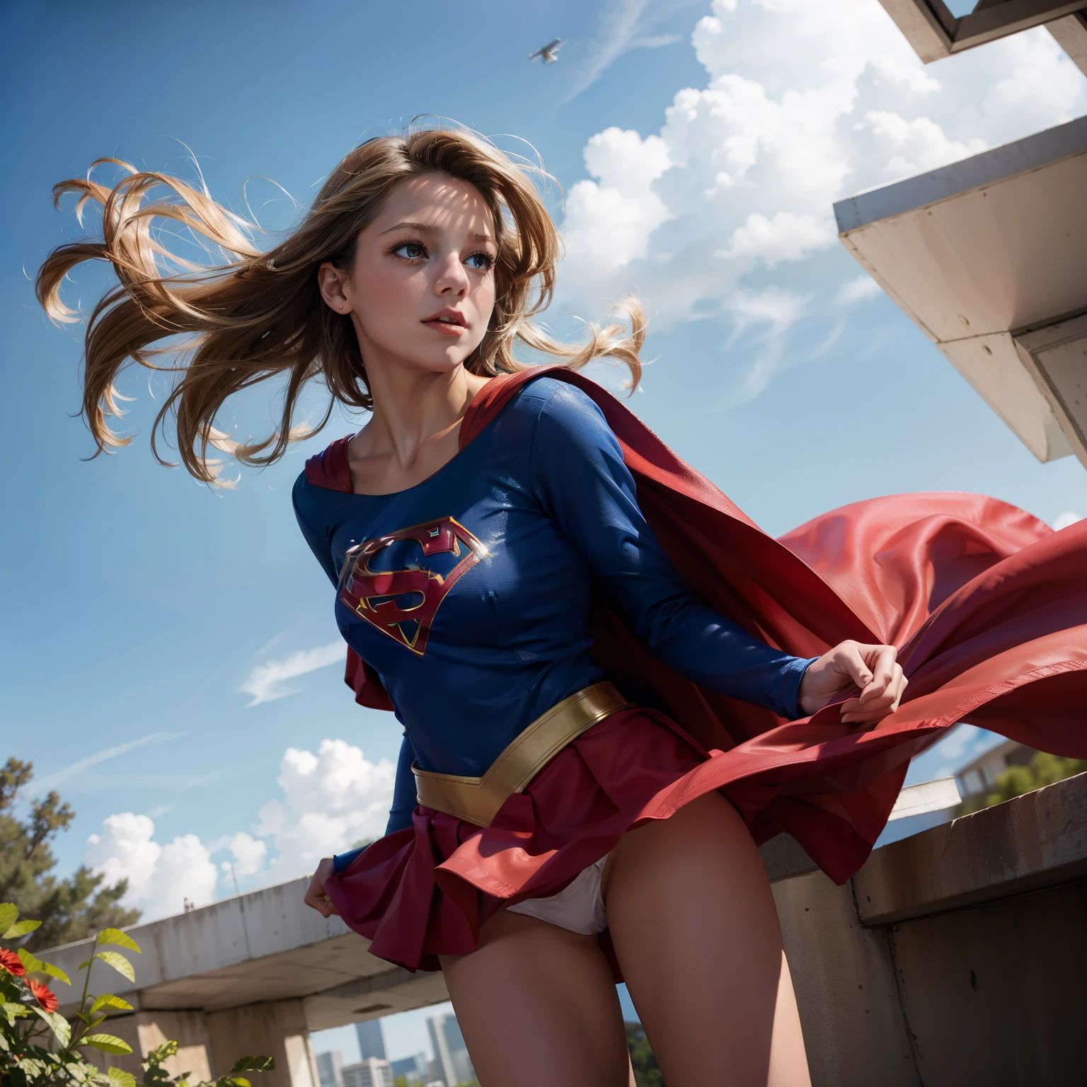 Melissa Benoist open thighs,super girl up skirt,white panties,shoot from below,wind fron below,sky,solo, cape,red skirt,blue tite long sleeve shirt,