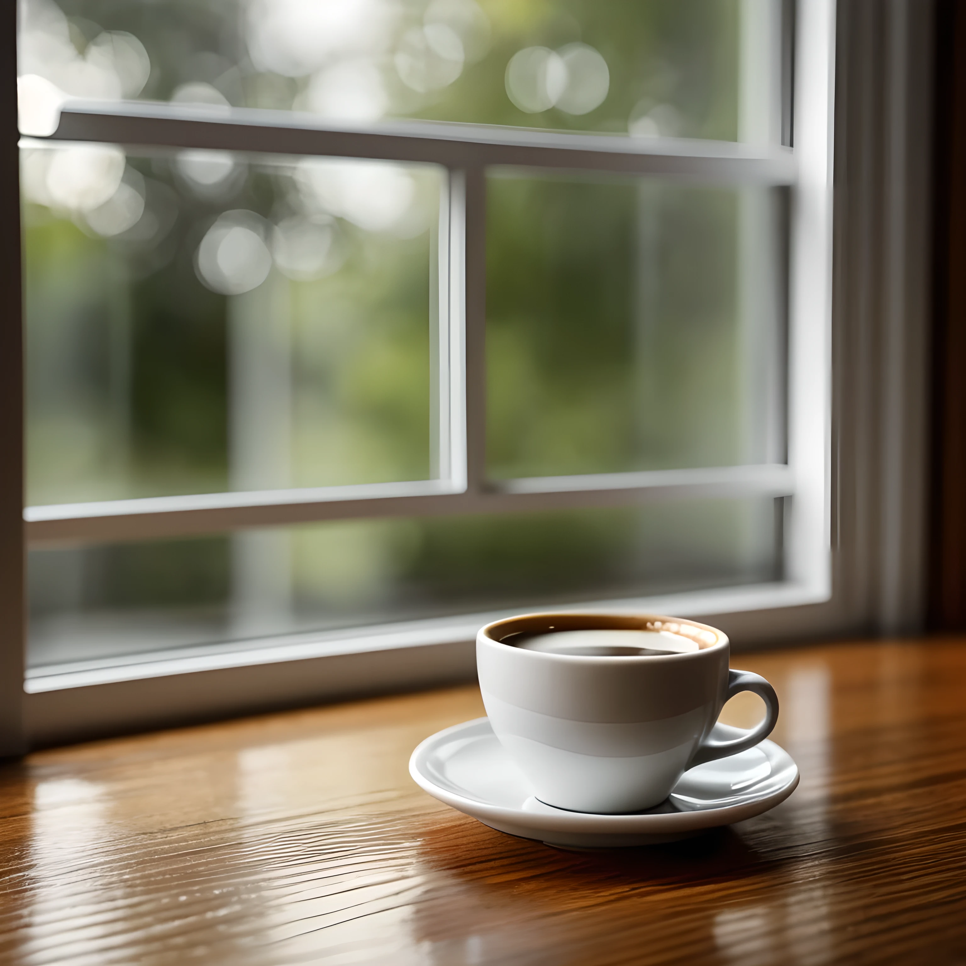Real photo of a cup of coffee on the table in front of the window, Sharp focus, 8K, The scene is highly detailed, A day after the rain, it is It's raining outside the window, rainy afternoon, It's raining outside, It's raining outside the cafe, tempo rainy, it's It's raining outside, em um dia rainy, It was raining outside the window, It's raining outside天, Clima rainy, Dia rainy, Hot coffee, It's raining outside, rainy, Water drops on window glass, Very romantic atmosphere,