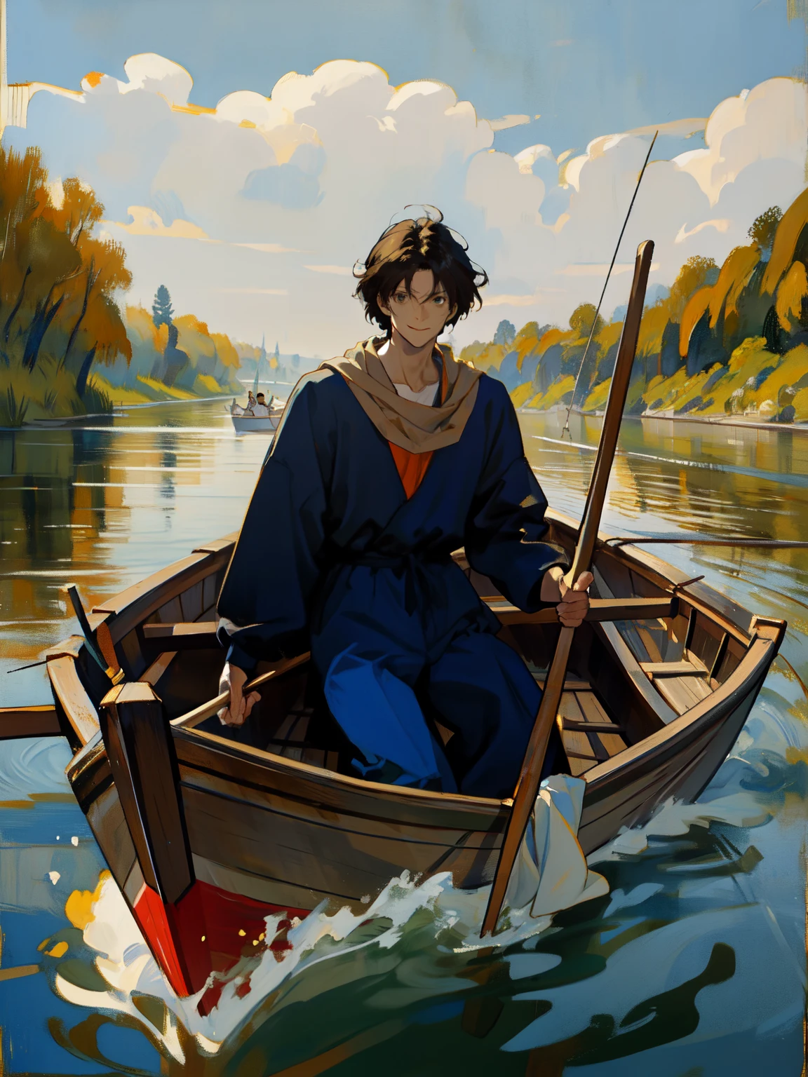 smile, A kind expression, 1 male, Adult, mature, Tall and muscular man, Rowing a boat on the river, Kind eyes, Black Hair, Sunburned skin, Clean look, The dark blue costume is reminiscent of a 14th century painting., Brown leather strap with damask steel clasp, Elegant clothing, gentleman, noble, High-end fashion, masterpiece, highest quality,