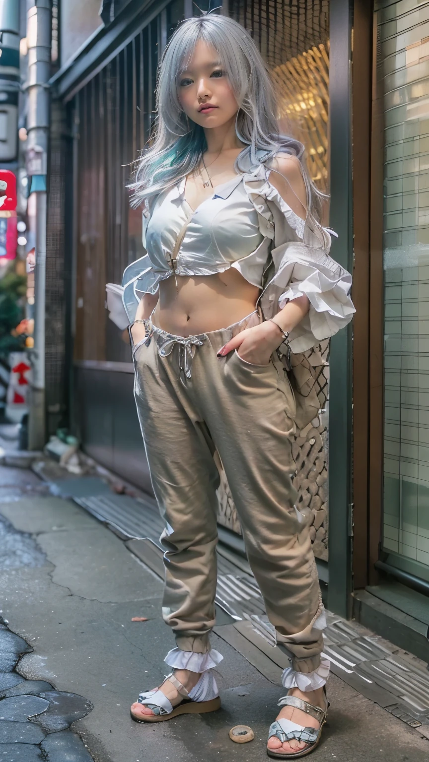 (Woman standing on Tokyo street:1.4)、(Realistic、Like a photograph、Live Action、8k, Realistic, RAW Photos, Best image quality: 1.4), Single-lens reflex camera、RAW Photos, highest quality, Realistic, Very detailedな CG Unity 8k 壁紙, Written boundary depth, Cinematic Light, Lens flare, Ray Tracing, Realistic background、(paisla:1.5、White blouse with ruffles:1.4、skinny pants:1.4、(Small breasts:0.5))、((Silver Inner Color Hair:1.1))、 1 female,Cute Japanese Girl、((whole body:1.5))、Long Hair:1.2、I like that style、stylish、Very detailed、Pay attention to the details、Perfect outfit、(White skin)、Beautiful feet:1.1、View from the front、Accurate Arm、Meet on a street corner