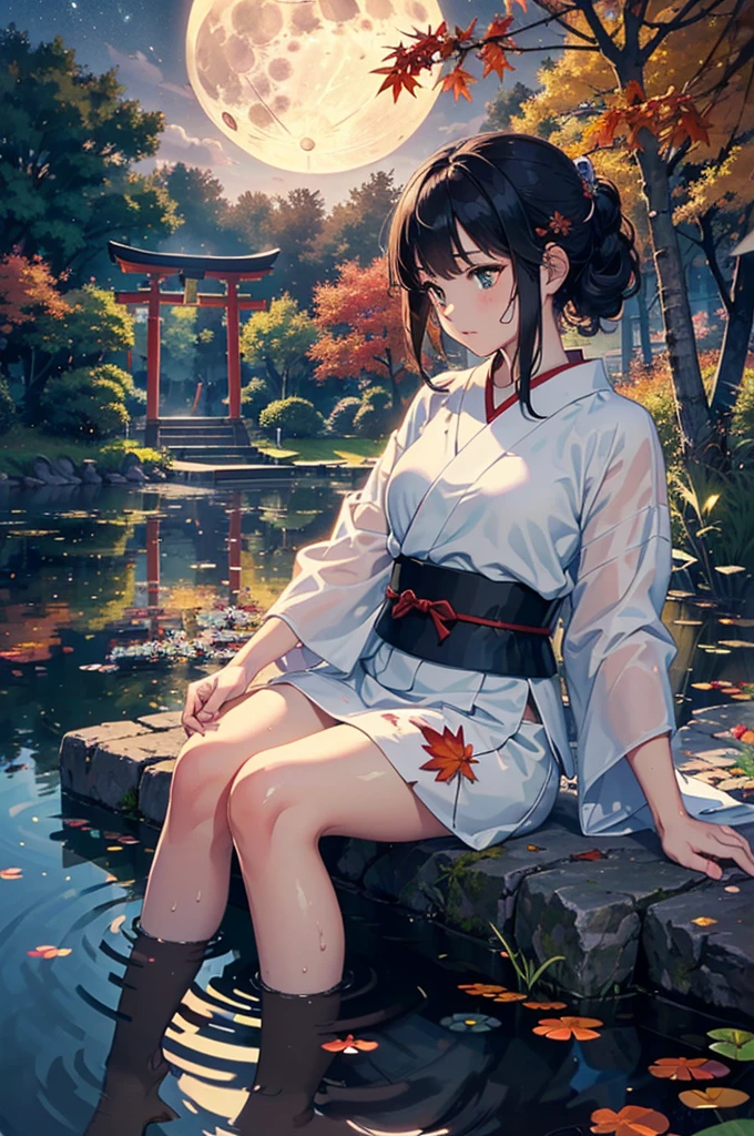 (8k, 16k, Awards, highest quality, High resolution, Super detailed, Textured skin, Anatomically correct, Realistic, RAW Photos, masterpiece: 1.3), Japanese shrine maiden, White yukata, In the same way, Black Hair, Pond with only one fallen leaf on one head, (full moon and autumn leaves reflected on the water surface: 1.4), Mirror-like pond, Full moon night, moonlight, lanthanum, Facial details, Detailed fingers, shrine, torii, autumn, autumn leaves, Change colors, Dancing leaves, Swinging Hair, Cute face, Dreamy landscape, Beautiful views, moving, (Sit on the ground and admire the pond alone: 1.3), profile