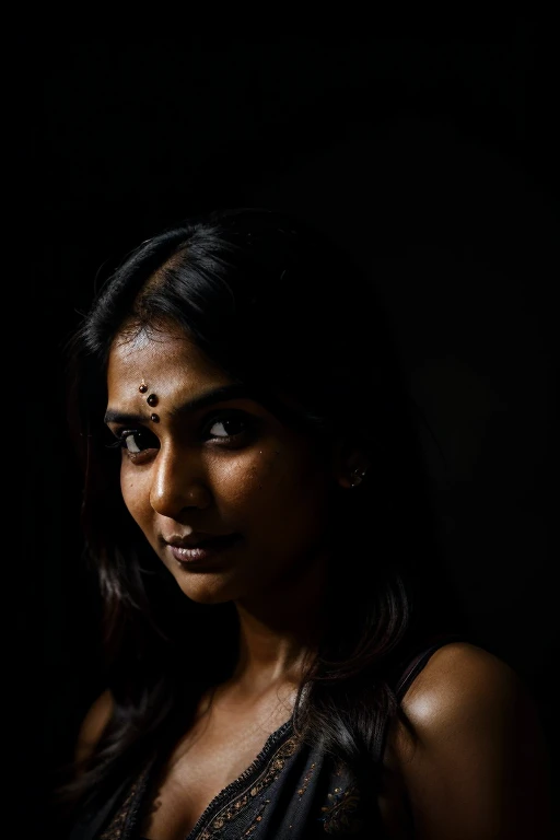 (Full body, editorial photograph of a 32 year old Indian woman), (highly detailed face:1.4) (smile:0.8) (background inside dark, moody