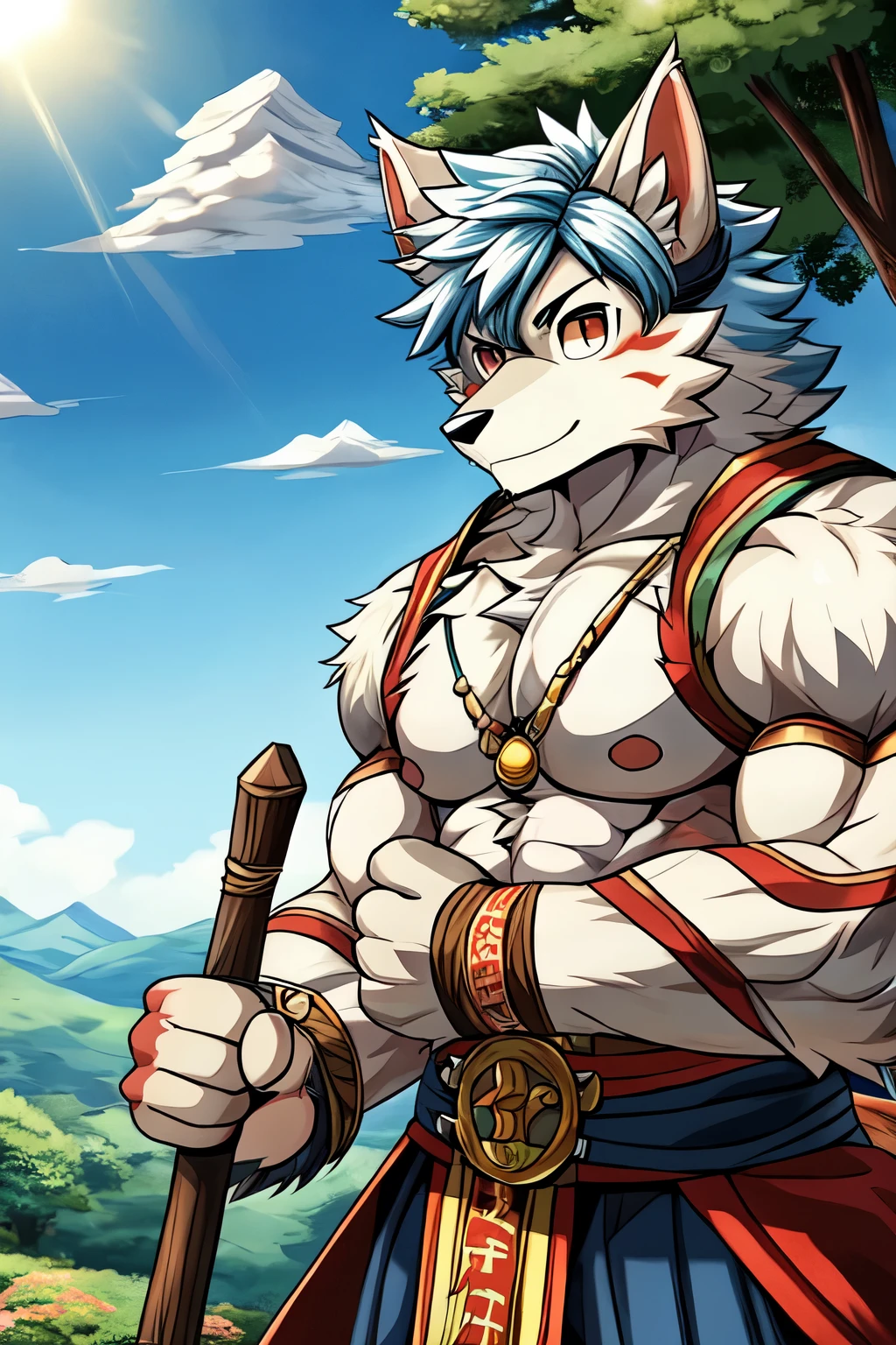 hairy,fur, pure, anthropology, male, Hand-drawn,the strong,Solitary,fur, There are eyelids,RPG background,Blue-white hair,Werewolf,Short hair,Muscle lines,warrioerce,Short ears,Gentle,sunny,General,Enjoy the scenery,Japanese anime