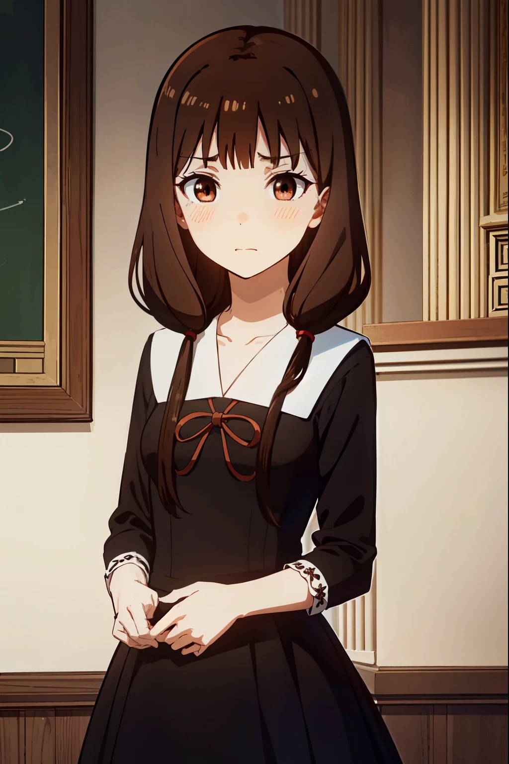 ((masterpiece:1.3, highly detailed:1.3, highres:1.1, best quality, HD, full image)),((school view, hallway, classes, trees)),((mikoiino, miko iino, blunt bangs, (brown eyes:1.5), brown hair, hair tie, long hair, low twintails, red ribbon, ribbon, twintails)),(long sleeves:1.2), dress, ribbon, collarbone, (black dress:1.2), sailor collar, white sailor collar, red ribbon, neck ribbon, shuuchiin academy , armband, indoors, classroom,looking at viewer, (cowboy shot:1.5),(masterpiece:1.2), best quality, high resolution, unity 8k wallpaper, (illustration:0.8), (beautiful detailed eyes:1.6), extremely detailed face, perfect lighting, extremely detailed CG, (perfect hands, perfect anatomy),((shy face, blushing, embarrassed)),((medium size breasts))