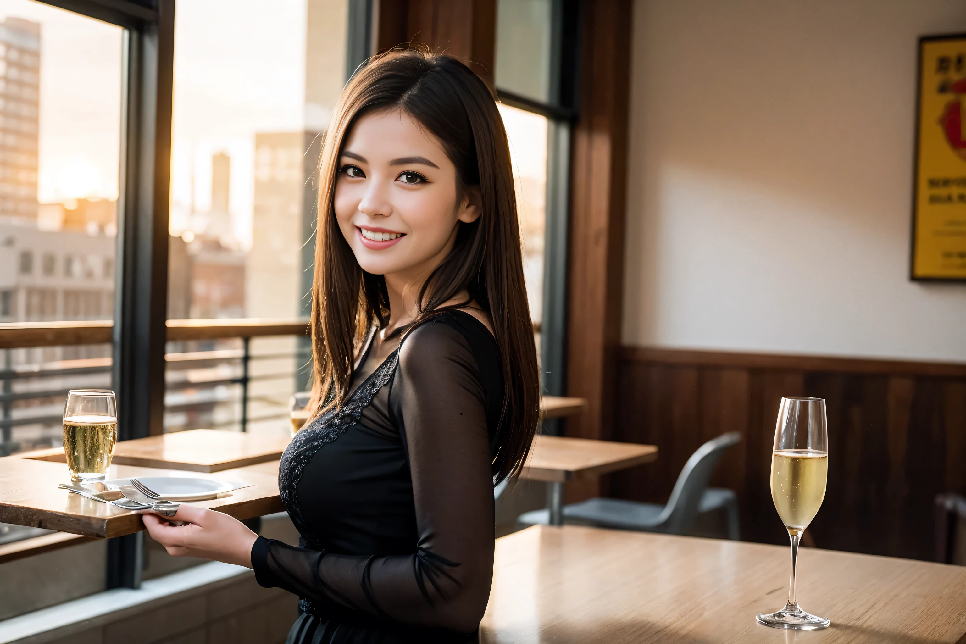 ((highest quality、8k、masterpiece:1.3))、1 male 1 female、Beauty Couple、Lovers、Couple、The body is slim、full-course dinner、((Bob Hale、Straight hair:1.2)), (Realistic, Intricate details:1.2), Wine glass on the table、Lighting the face、 Amazing view of the sunset sky and clouds、A bright smile、The wonderfulness of smile、 (Age 37), "41 years old, red wine 、Appetizers、Italian food、Wine bottle、Champagne、sparkling wine、Two beauties、Brown Hair、Shortcuts、Long sleeve shirt、dress、Pretty Woman 1, (Slim face), (The body is slim), (Brown Hair), (Shortcuts), cheeks turn a little red,Attractive beauty、restaurant, In a prominent place (From the waist up) Nova Frog Style, actress, model, Upper Body, White wine, slim, wine glass, A wine glass placed in the center, smile, (smile: 1.15), Beautiful fine grain, Depth f/2,saturation, High Contrast, Strong light and shadow,Moist Body:1.5、3D texture、Delicate eyes、Brown Hair、The hair is very shiny、