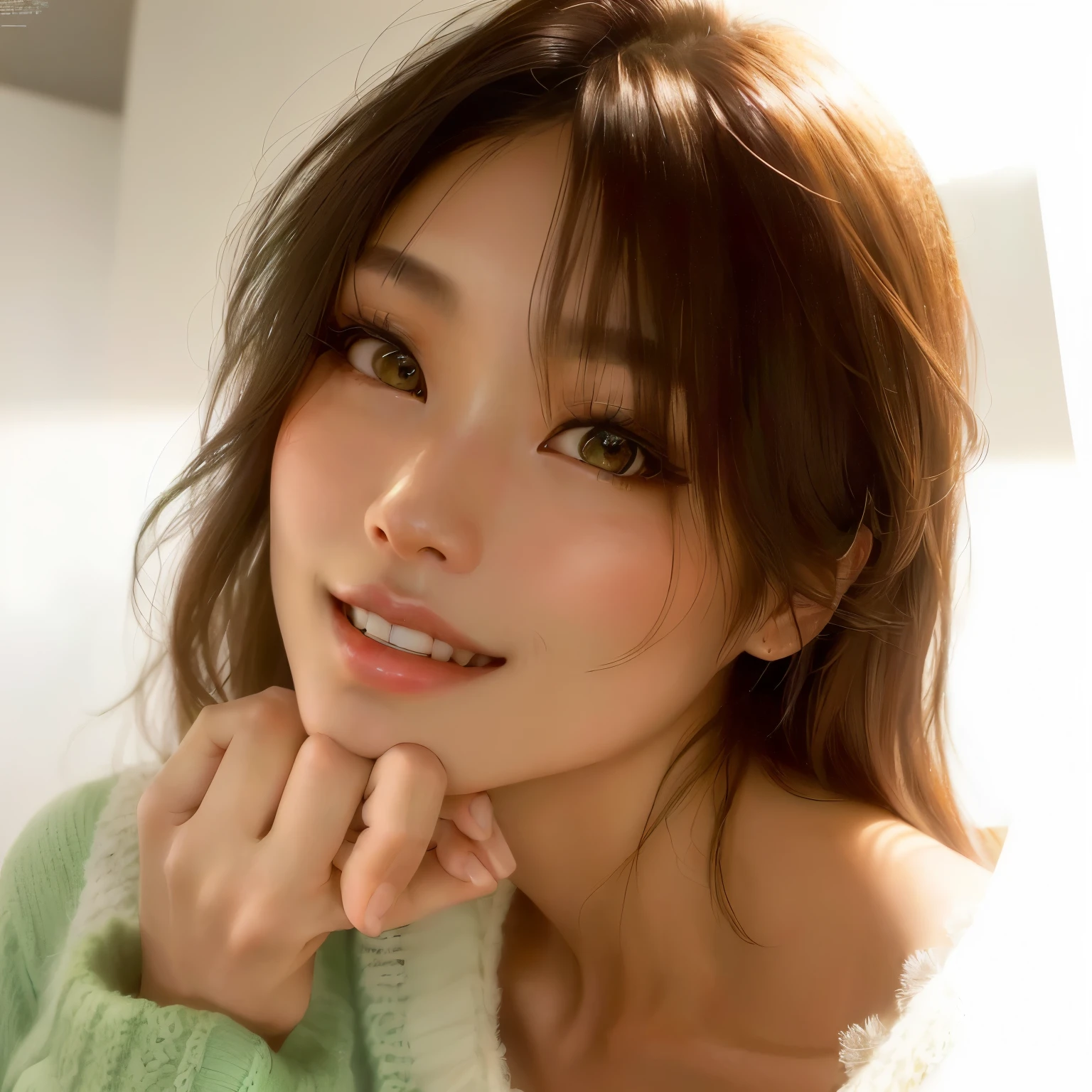 An Asian woman in her fifties taking a photo wearing a green sweater, Gorgeous Young Korean Woman, Beautiful young Korean woman, Beautiful Korean Women, Cute seductive smile, Friendly and seductive smile, Young and pretty Asian face, Beautiful Japanese girl face, Korean Girls, Gemma Chan Girl Portrait, Young Sensual Gravure Idol, Young and adorable Korean face, Cute Korean Actresses