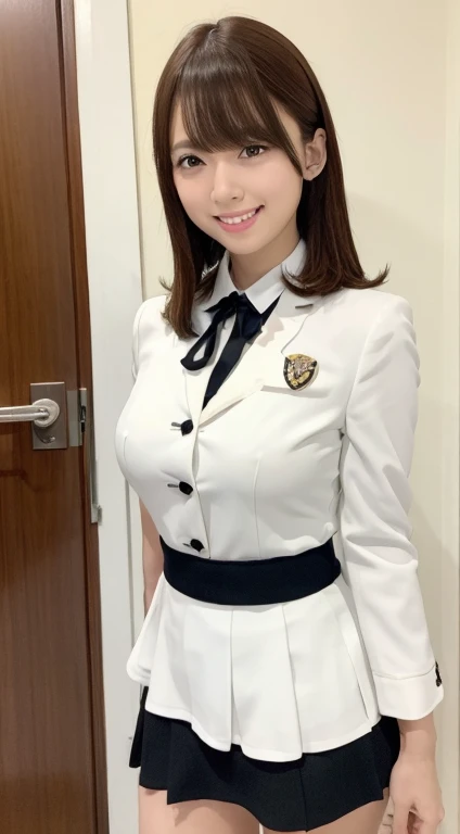 Gravure idol pose　Hotel　uniform　White clothes　high resolution　Not too small bust　Black Mini Skirt　Skirts should be shortened