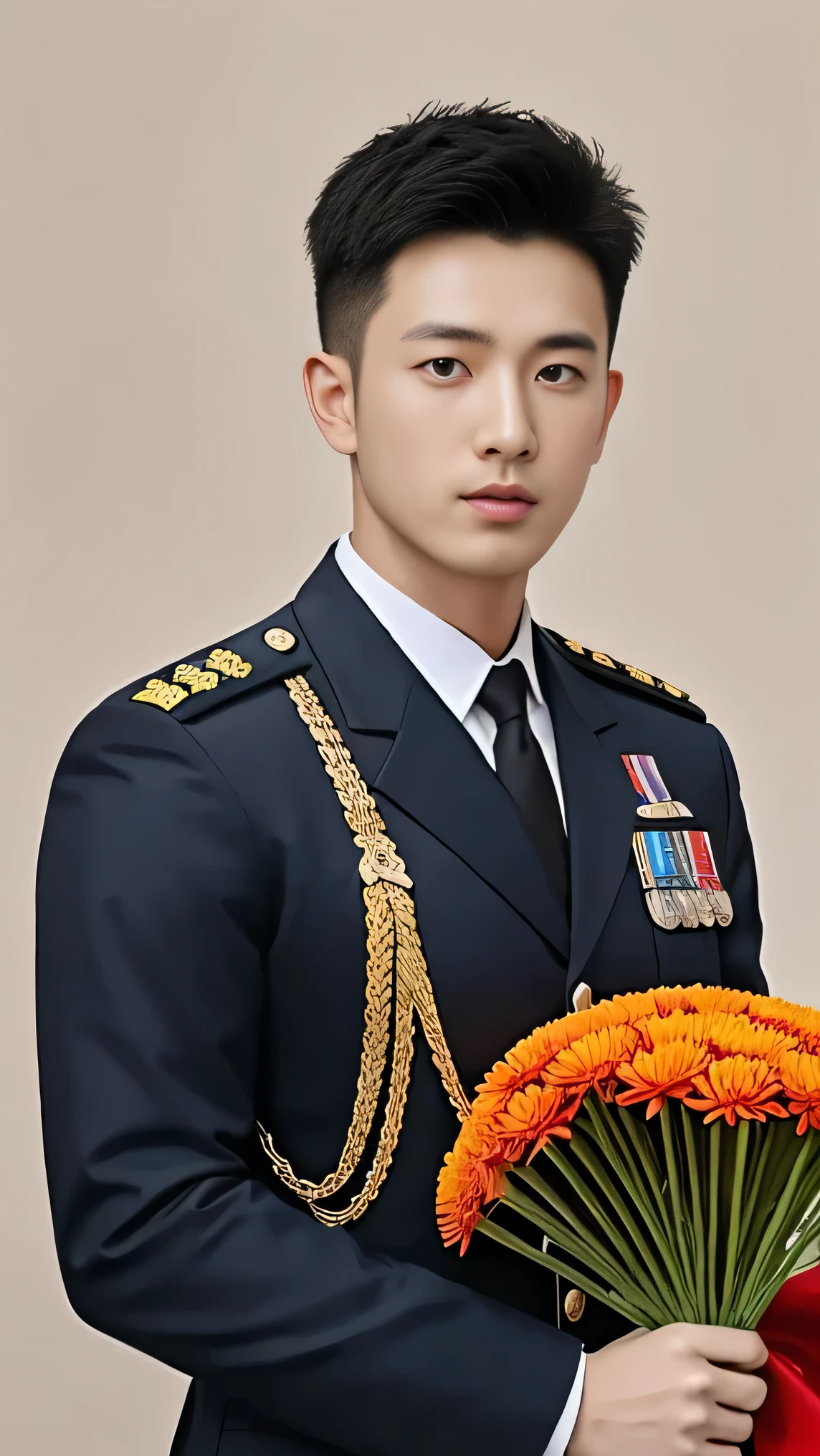 8k,(masterpiece),Best quality,2d,Asian men,Wearing embroidered guards,Wearing military uniform,yanjun chengt,Wear a full military uniform,officer,Unified background,Wearing a general's uniform,Topless photos,Holding a big red flower,Holding a large red bouquet,Muscle Man,Handsome hairstyle,Simple background,Upper body face
