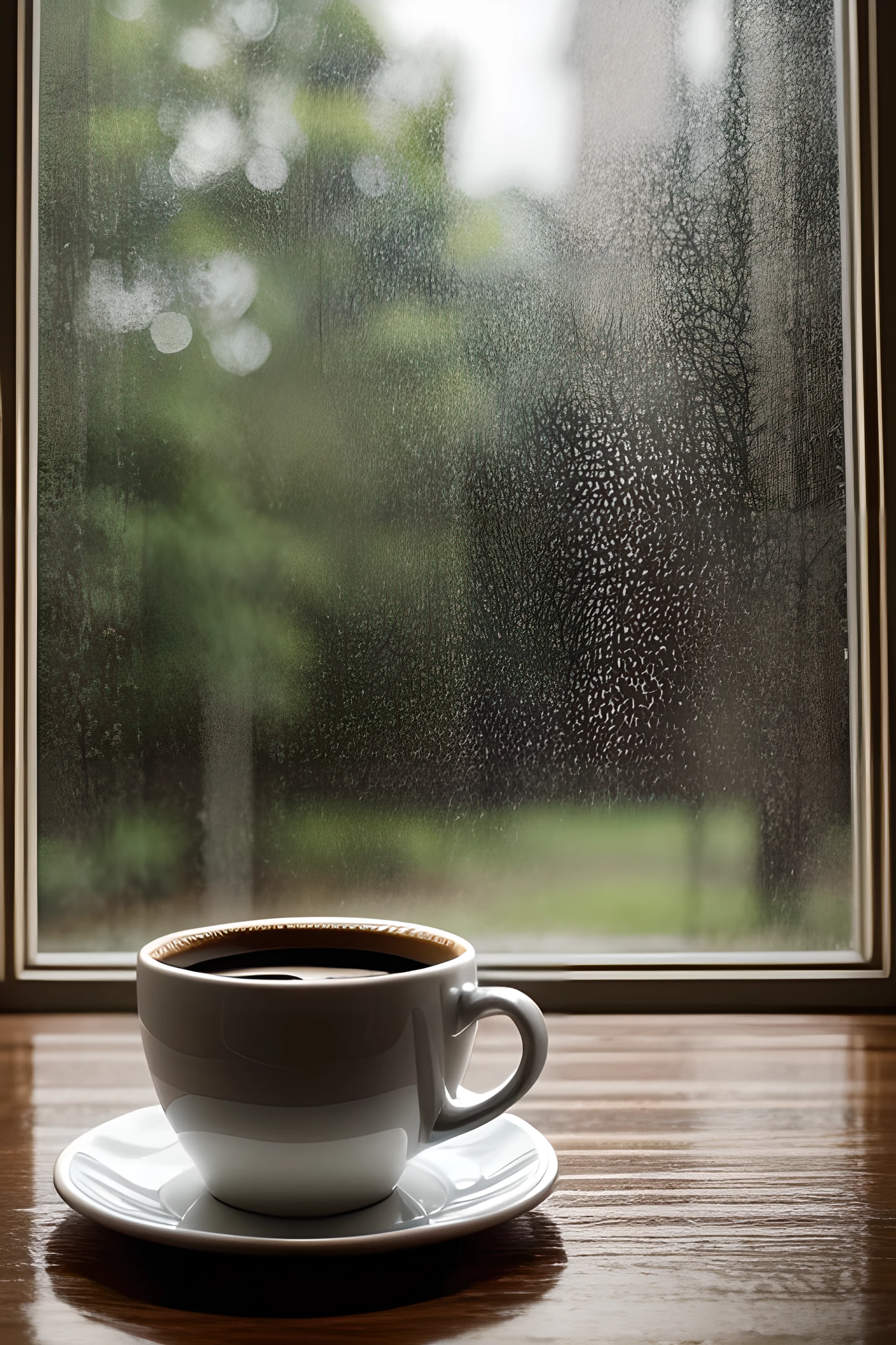 Real photo of a cup of coffee on the table in front of the window, Sharp focus, 8K, The scene is highly detailed, A day after the rain, it is It's raining outside the window, rainy afternoon, It's raining outside, It's raining outside the cafe, tempo rainy, it's It's raining outside, em um dia rainy, It was raining outside the window, It's raining outside天, Clima rainy, Dia rainy, Hot coffee, It's raining outside, rainy, Water drops on window glass, Very romantic atmosphere,