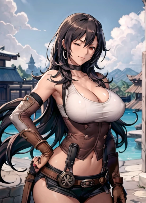 mushoku tensei style, anime coloring, tifa lockhart, 1girl, thick lips, arm up, armpits, artist name, belt, black hair, breasts, brown eyes, cleavage, closed mouth, collarbone, cowboy shot, crop top, earrings, elbow gloves, elbow pads, gloves, jewelry, large breasts, lips, long hair, low-tied long hair, midriff, navel, one eye closed, outdoors, skirt, smile, solo, stomach, suspenders, tank top, upper body, ((masterpiece))