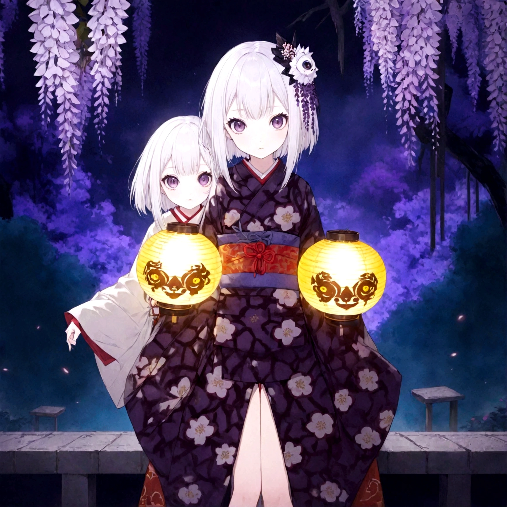 ((Masterpiece, top quality, high resolution)), ((highly detailed CG unified 8K wallpaper)), 2 girls, kimetu no yaiba, ubuyasiki, Spooky twins, girl with black hair and girl with white hair, dressed in Japanese kimono, Japanese lanterns, garden at night, wisteria flowers in background, staring with very wide eyes, faint smile, dark atmosphere, horror,