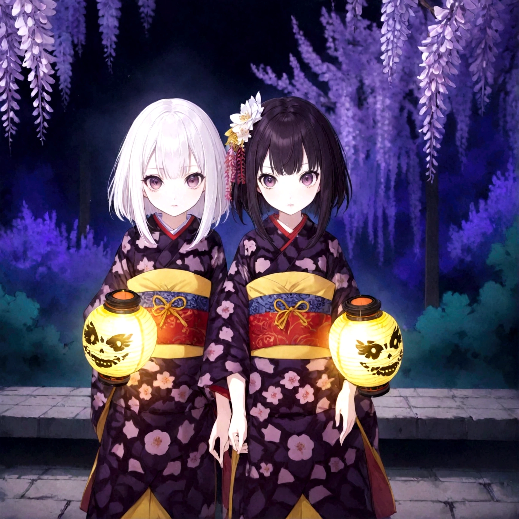 ((Masterpiece, top quality, high resolution)), ((highly detailed CG unified 8K wallpaper)), 2 girls, kimetu no yaiba, ubuyasiki, Spooky twins, girl with black hair and girl with white hair, dressed in Japanese kimono, Japanese lanterns, garden at night, wisteria flowers in background, staring with very wide eyes, faint smile, dark atmosphere, horror,