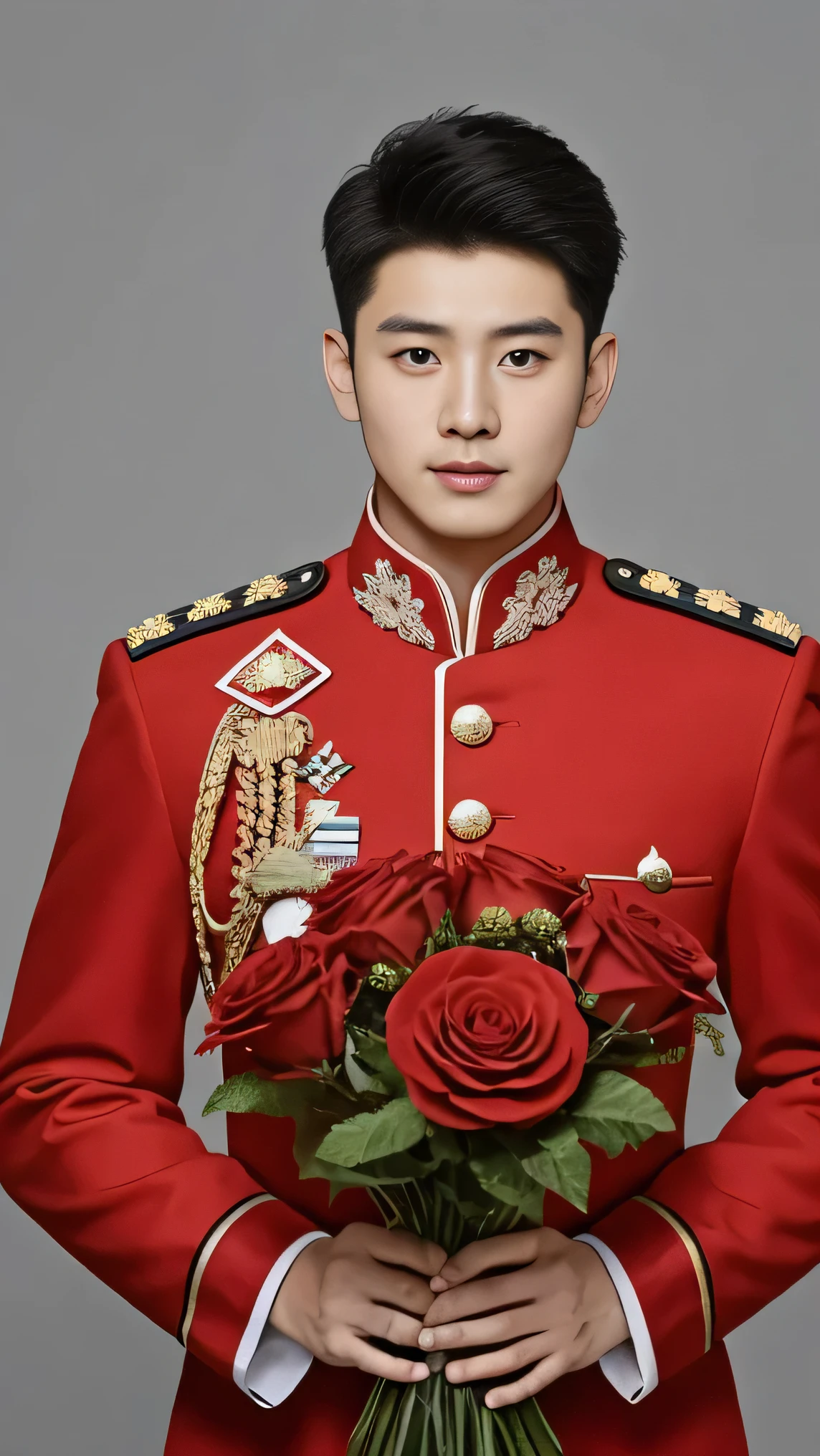 8k,(masterpiece),Best quality,2d,Asian men,Wearing embroidered guards,Wearing military uniform,yanjun chengt,Wear a full military uniform,officer,Unified background,Wearing a general's uniform,Topless photos,Holding a big red flower,Holding a large red bouquet,Muscle Man,Handsome hairstyle,Simple background,Upper body face
