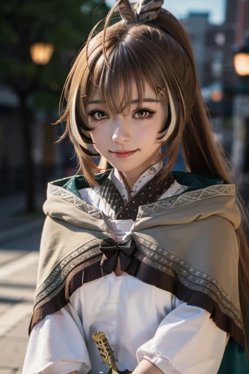 Studio light, depth of field, best quality, 8k, hdr, highres, masterpiece, realistic, 19yo japanese, cute face, looking at viewers, hairpin, smile, dagger, cape, Light orange eyes, beautiful details eyes, long hair, very long hair, ponytail ,street