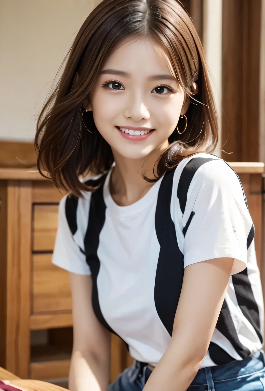 Highly detailed 8K wallpapers)、Sharp focus、In detail、Drama、Delicate and beautiful 、16 years old、Sheer white shirt、Short skirt、Light Brown Hair、hair ornaments、Beautiful and sexy、Laughter、Looking into the viewer、Beautiful graphics、Bright school building、Full of students、knees、