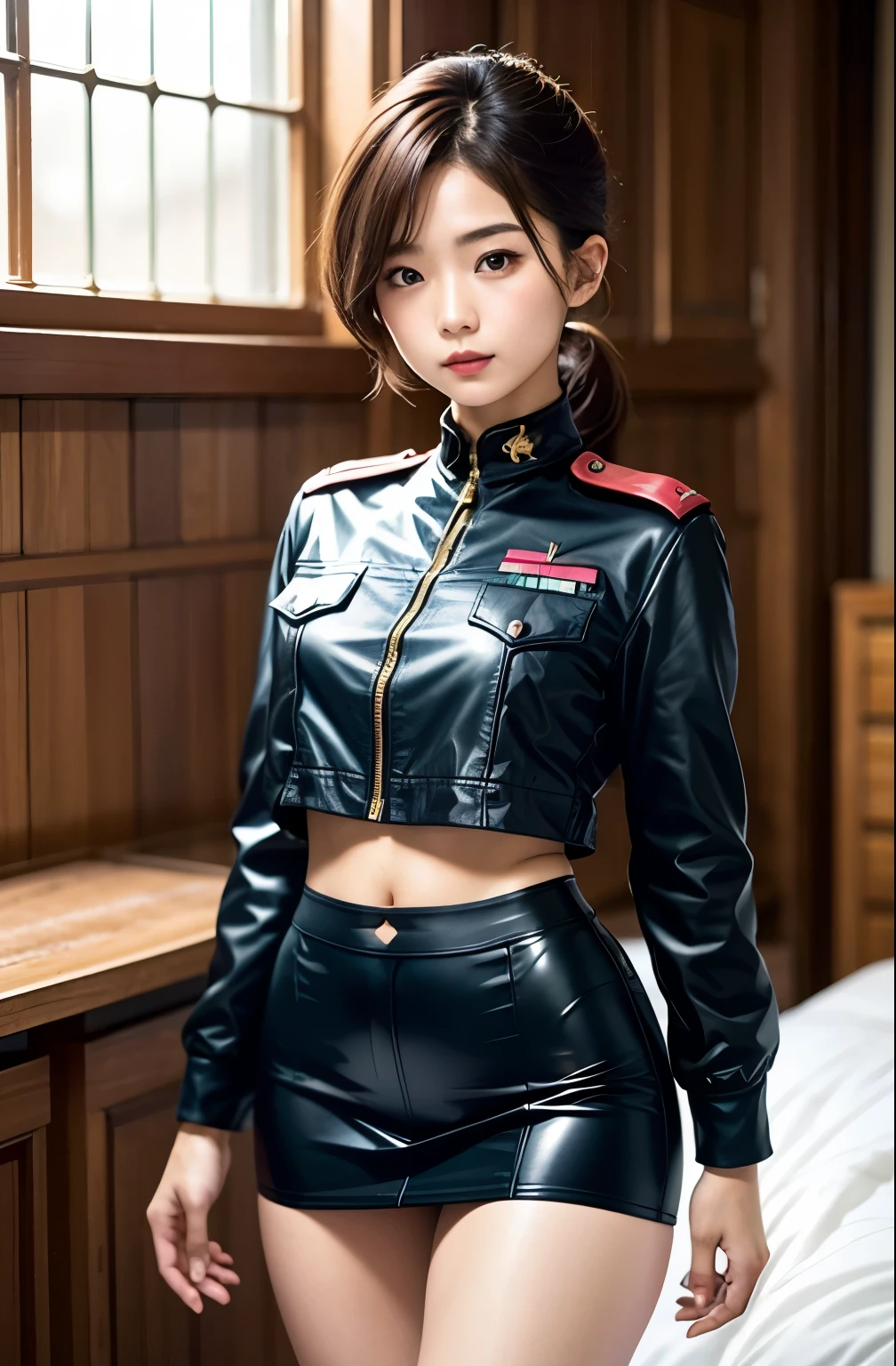 Actual Photos、Highest imYear quality、Realistic、Beautiful woman、白いpantiesとBeautiful thighs、Beautiful Face、real imYear、Federal Army Uniform Miniskirt、panties、ponytail、Yuriko Yoshitaka、16Year日本人女性、Zuo々Ki Nozomi:1.4、pretty girl、ピンクのpantiesーが見える、1６Year、（白いpantiesー:1.3）、Ultra mini skirt、Beautiful thighs、ピンクのpantiesー、赤いミニスカートがめくれてピンクのpantiesーが見えてる