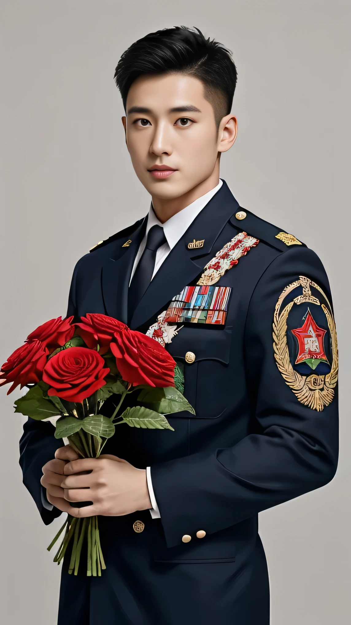 8k,（masterpiece）,Best quality,2d,Asian men,Wearing embroidered guards,Wearing military uniform,yanjun chengt,Wear a full military uniform,officer,Unified background,Wearing a general's uniform,Topless photos,Holding a big red flower,Holding a large red bouquet,Muscle Man，Handsome hairstyle，Simple background，Upper body face