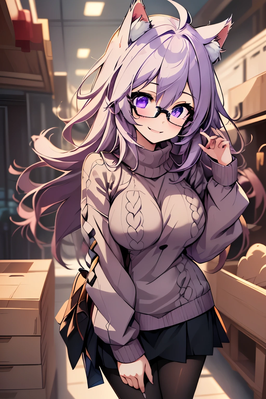 masterpiece, best quality, 1girl, ((looking at viewer)), lilac hair, purple eyes, long hair,  ahoge, sweater, sweater skirt, pantyhose, 163cm, hair between eyes, large breasts, adult, 33 years old, mature, glasses, solo, sole, smile, cat ears, cat tail, fang, catgirl, animal ears