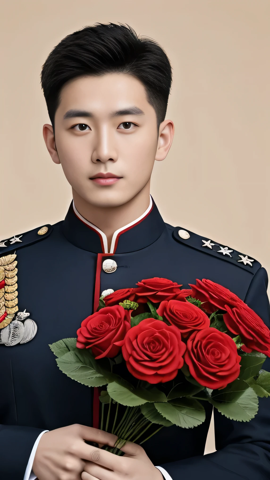 8k,（masterpiece）,Best quality,2d,Asian men,Wearing embroidered guards,Wearing military uniform,yanjun chengt,Wear a full military uniform,officer,Unified background,Wearing a general's uniform,Topless photos,Holding a big red flower,Holding a large red bouquet,Muscle Man，Handsome hairstyle，Simple background，Upper body face