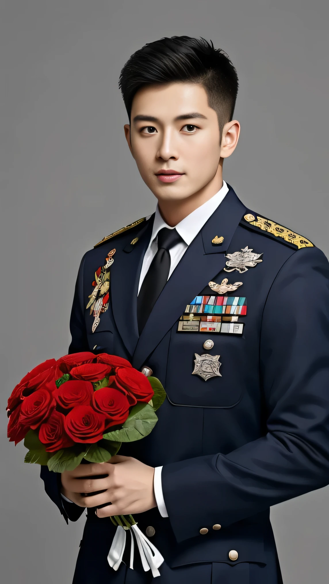 8k,（masterpiece）,Best quality,2d,Asian men,Wearing embroidered guards,Wearing military uniform,yanjun chengt,Wear a full military uniform,officer,Unified background,Wearing a general's uniform,??????? photos,Holding a big red flower,Holding a large red bouquet,Muscle Man，Handsome hairstyle，Simple background，Upper body face