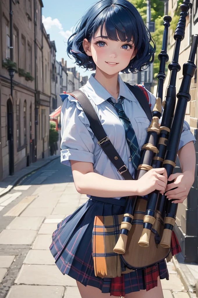 (best quality, masterpiece, ultra highres, ultra-detailed:1.2),flat color,pop ,(One Girl Playing Bagpipes,),(tween,detailed face,(darkblue hair-color,wavy-short hair),parallel eyebrows,small breasts),smile,Platform sneakers,depth of field,portrait,background:Scotland,