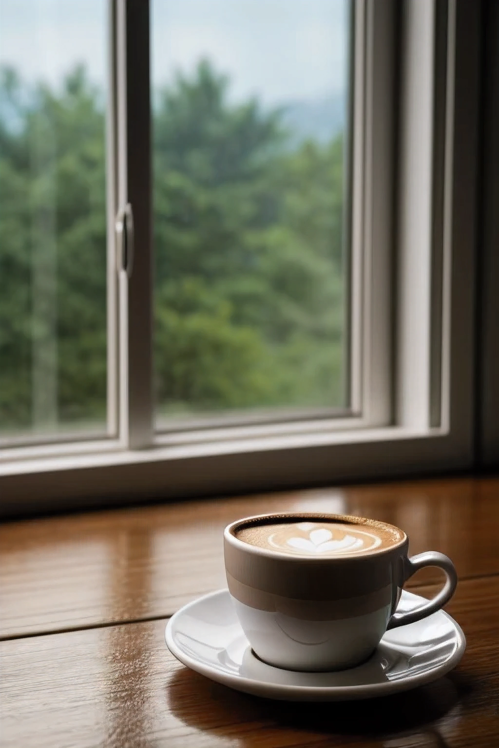 Real photo of a cup of coffee on the table in front of the window, Sharp focus, 8K, The scene is highly detailed, A day after the rain, it is It's raining outside the window, rainy afternoon, It's raining outside, It's raining outside the cafe, tempo rainy, it's It's raining outside, em um dia rainy, It was raining outside the window, It's raining outside天, Clima rainy, Dia rainy, Hot coffee, It's raining outside, rainy, Water drops on window glass, Very romantic atmosphere,
