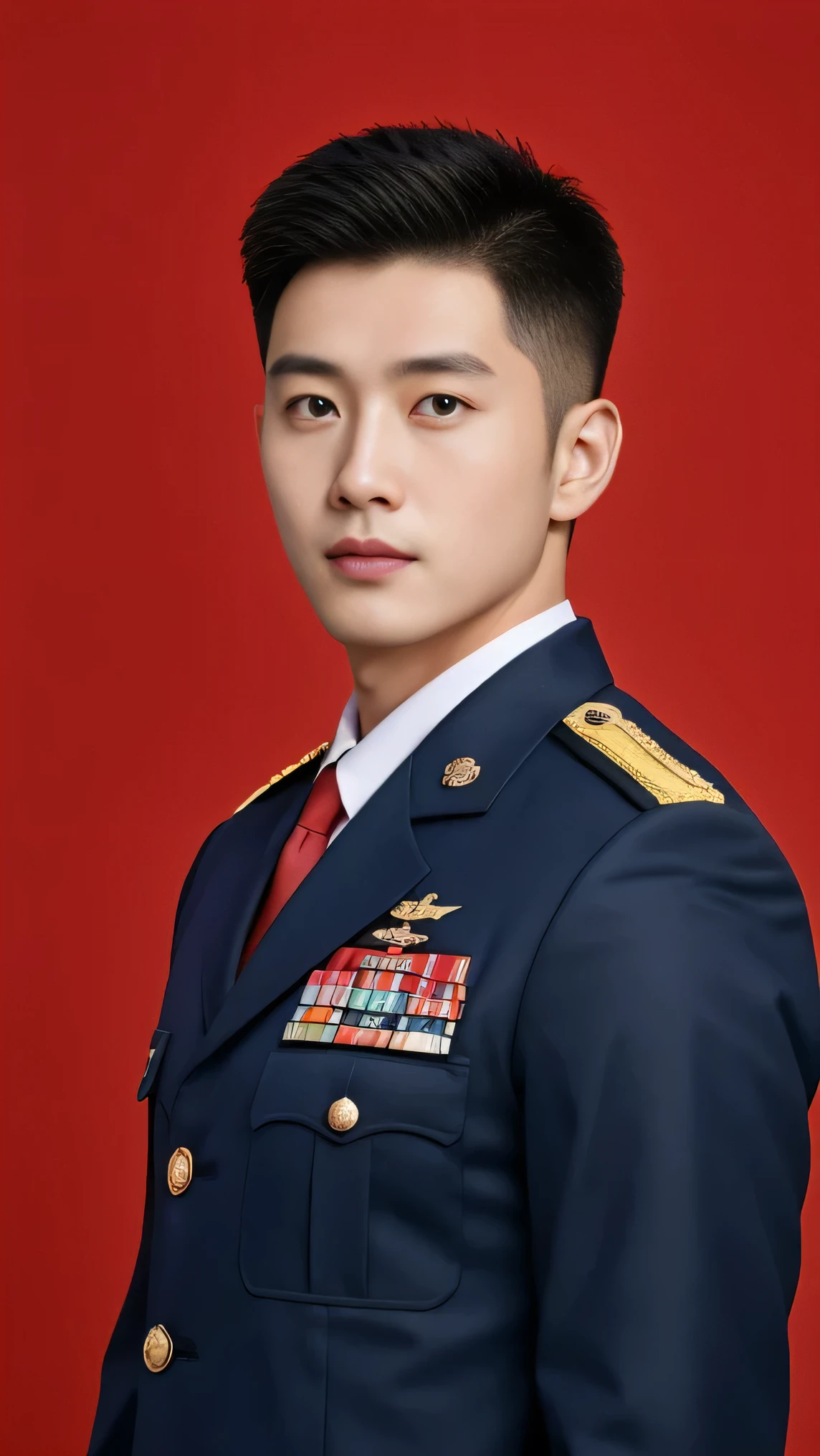 8k,(masterpiece),Best quality,2d,Asian men,Wearing embroidered guards,Wearing military uniform,yanjun chengt,Wear a full military uniform,officer,Unified background,Wearing a general's uniform,Topless photos,Holding a big red flower,Holding a large red bouquet,Muscle Man,Handsome hairstyle,Simple background,Upper body face