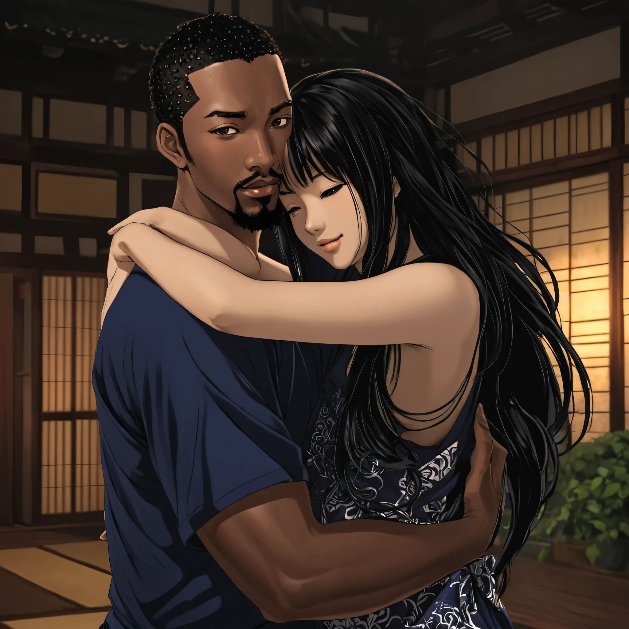 ((1boy, 1girl,))) ((((( verydarkskin couple))))), ((detailed African-American features)),
, (very darkskin man, tall, rugged square face, long dreads, almond-shaped chocolate eyes, bulky, muscular triangle physique, strong pectoral, strong legs, toned torso), And (darkskin woman, short, voluptuous, curvy, strong, sensuously cool, braided black hair, soft heart-shaped face, concaved nubian button nose, heart-shaped physique, heart hips, glasses, heterochromia wine and brown eyes), **
((amazing skin, perfect hands, perfect, perfect eyes, enamored couple, flirty couple, passionate sensuality)), ((detailed cherry blossom onsen background)), (((wet couple, translucent towels. waist deep in water, full body, couple focused, face to face))),
sensual lighting, brilliant shading, sensual shadowing, sensuous atmosphere, intricate fabric details, (4k, ray tracing, masterpiece, detailed smooth textures, sharp gradients, deep highlights, best quality, amazing quality, very aesthetic, absurdres, highly-detailed, 2.5d ,cel-shaded),AddXL,((Anime illustration)) ((Incarnate detail)) ((Masterpiece)) ((Highest quality)),black people,